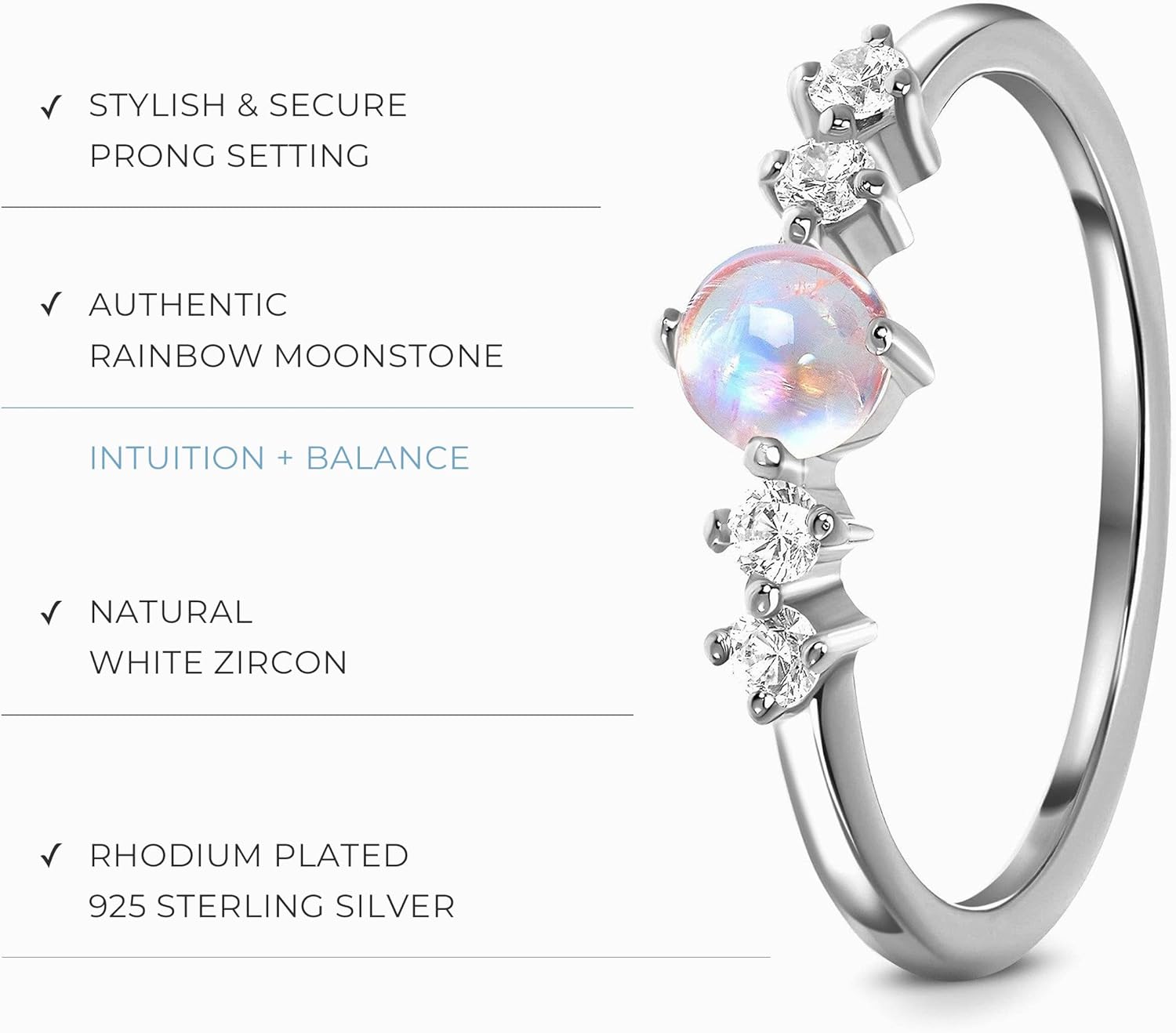 Moon Magic - Authentic Rainbow Moonstone Ring/Real 925 Sterling Silver - 18k Rose Yellow Gold June Birthstone Rings for Women/Genuine Gemstones - Image 3