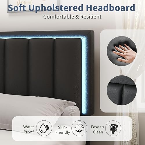 Miniatura 5 de Base de cama tamaño Queen con 4 cajones de almacenamiento, marco de cama tapizado con cabecero, luces LED RGB, marco de metal resistente y soporte