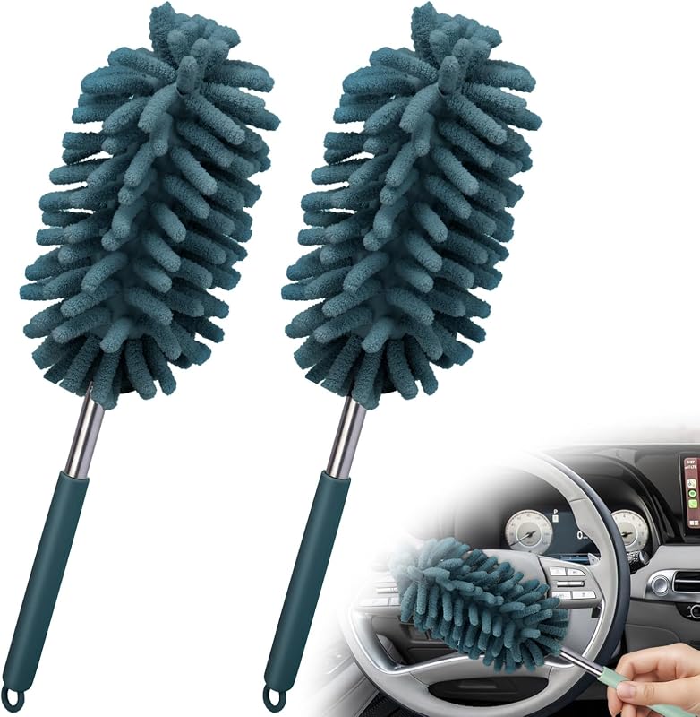 2 plumeros para interior de auto con barra de extensión, plumeros para limpieza | Plumeros de microfibra para auto con cabezal flexible, plumero interior y exterior sin arañazos para vehículos, oficinas, ventanas (azul desnudo)