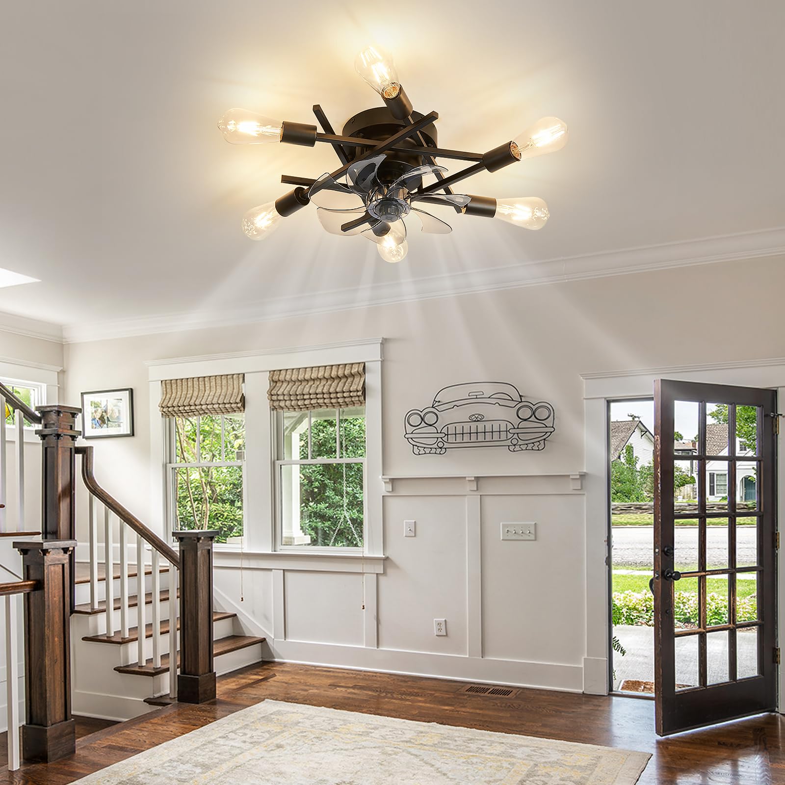 ASGYISA Semi Flush Mount Low Profile Ceiling Fan with Light 6 Lights Industrial Black Vintage Matte Chandelier Fan with Lights Remote Control for Farmhouse Kitchen Dining Room Bedroom Ceiling Fans