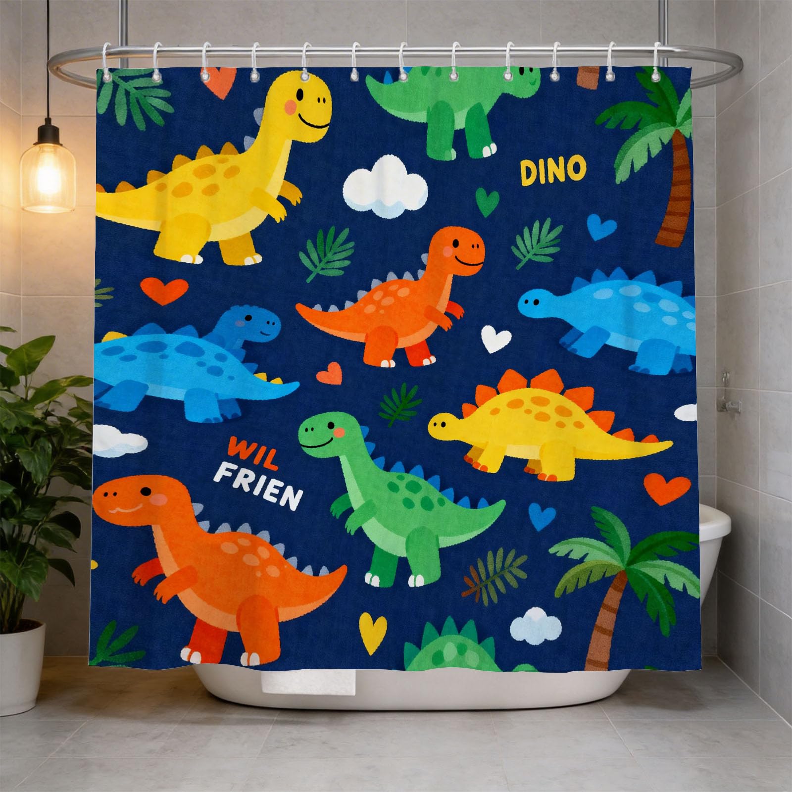 Hongduo 3D Kids Dino Shower Curtain for Stalls Bathtubs Cartoon Bathroom Decor Shower Curtain Set Polyester Fabric Waterproof 180x180cm/71X71 Inch with Hooks