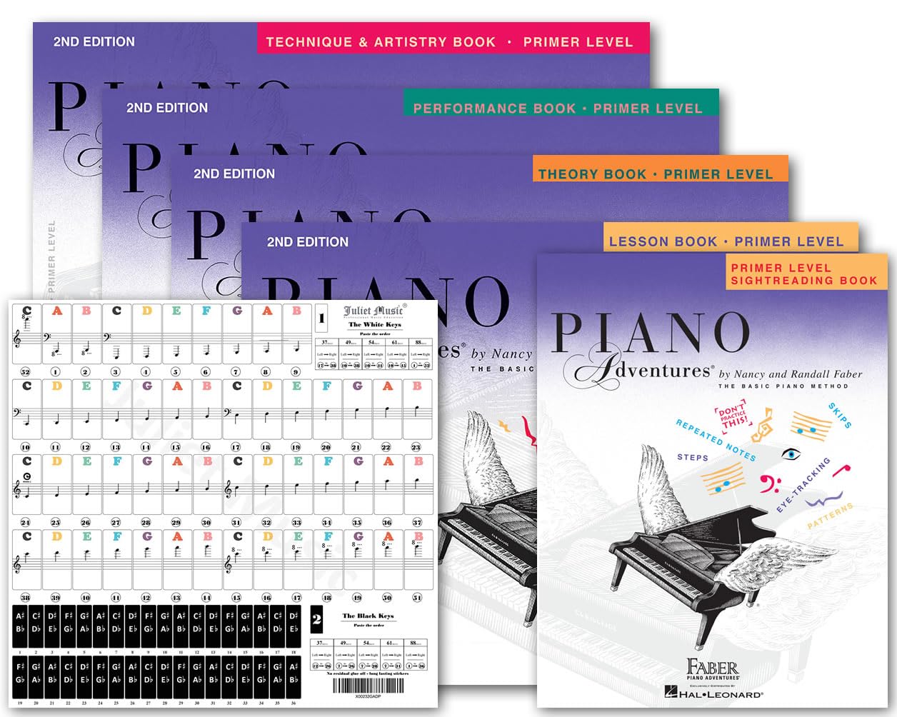 Piano Adventures Primer Level Bundle Set 5 books By Nancy Faber - Lesson, Theory, Performance, Sightreading, Technique & Artistry Books & Juliet Music Piano key Stickers (5P)