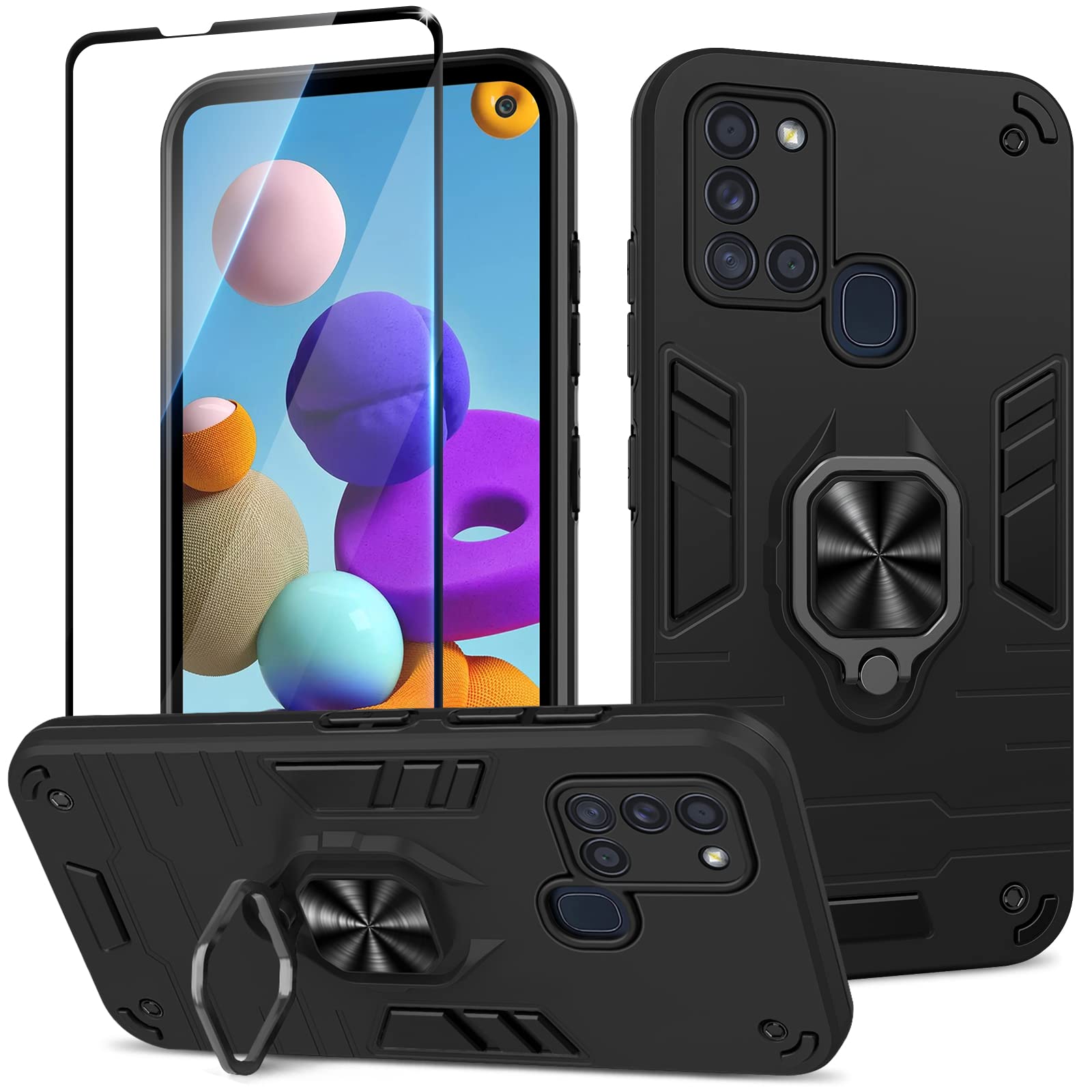 Funda para Samsung Galaxy A13 4G con Cristal Templado Protector Pantalla, Carcasa Antigolpes con Soporte anular metálico, Case Protectora de Grado Militar, Negro — view 171