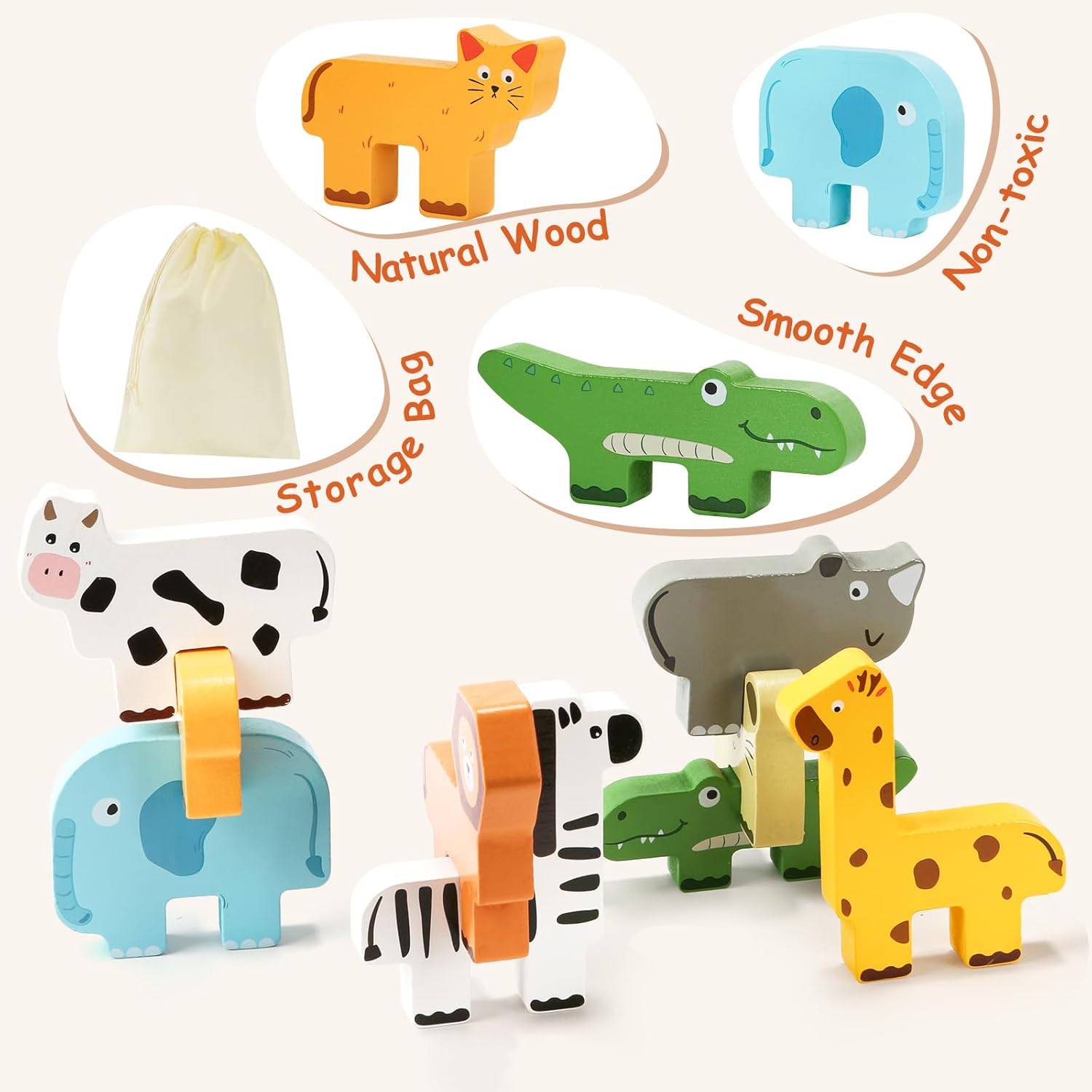 Wooden Animal Stacking Puzzle Toy, Educational Balancing Activity Toy for Kids, Wooden Zoo Animal Building Blocks Stacker & Bag, Stacking and Balance Toys for Toddlers 2-4 Years