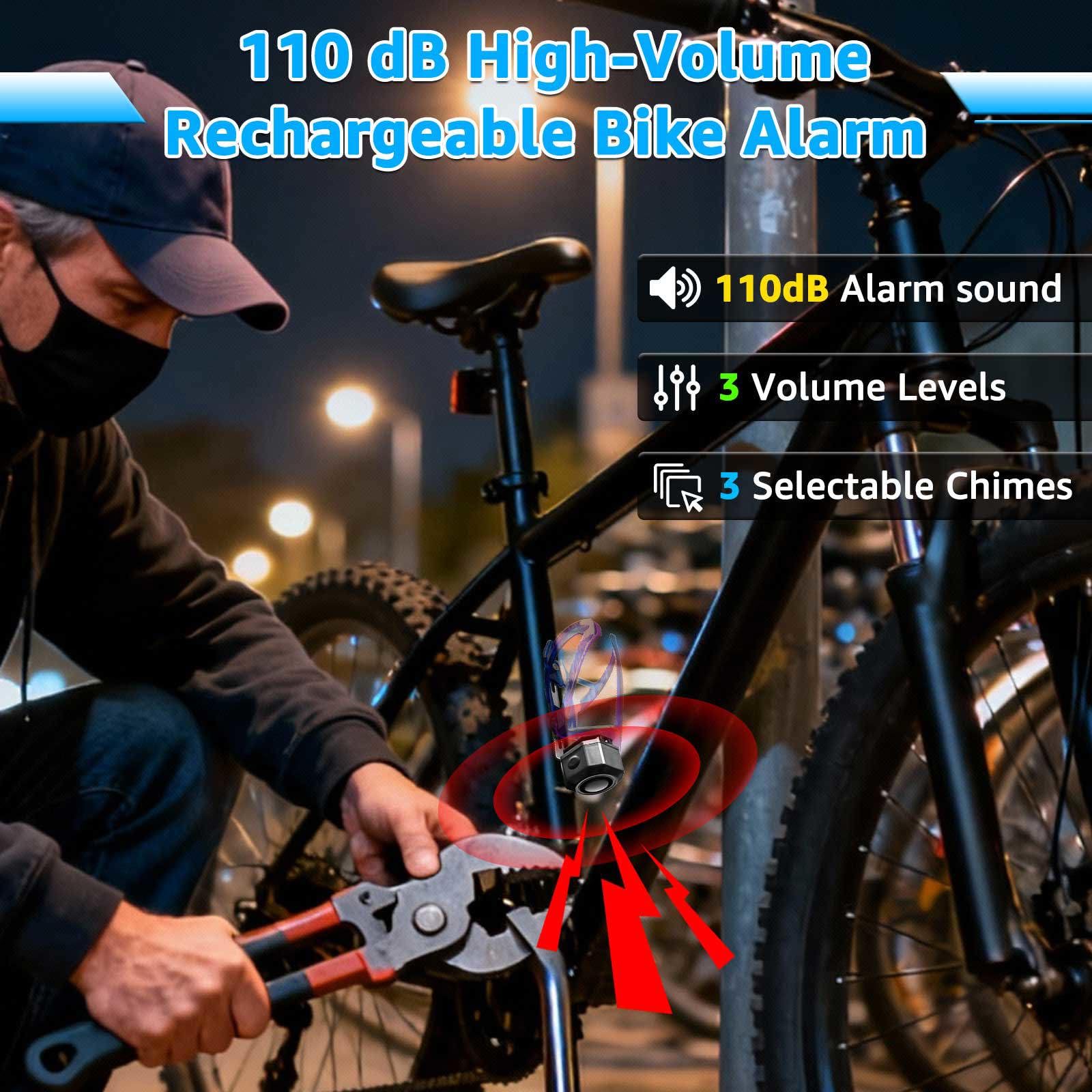NineLeaf Fahrrad Alarmanlage, Alarmanlage für Fahrrad mit Fernbedienung,L-förmige Aluminium-Flaschenhalter-Halterung,110 dB Diebstahlalarm, 3Lautstärken 7Empfindlichkeiten,USB-C,IP65 Wasserdicht,4Pcs