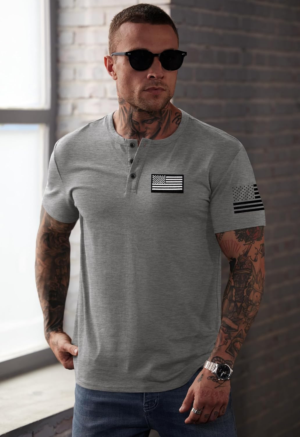 Men's Patriotic Henley Shirts Muscle Distressed American Flag 1776 Vintage T-Shirts (S-3XL)