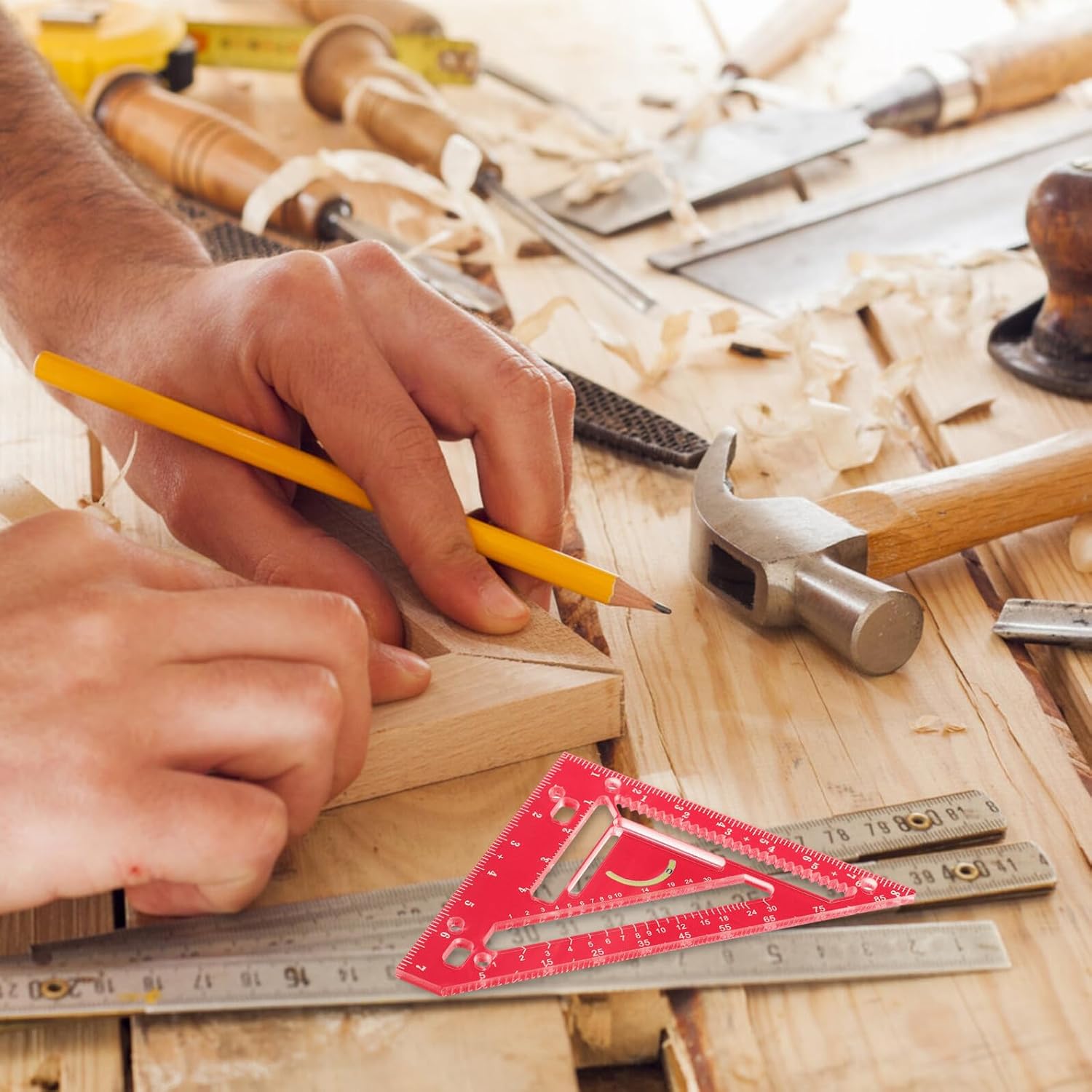 Advanced Carpenter Ruler with Clamp Block, Red Acrylic Measuring Square Ruler for Woodworking, Geometric and Drawing Triangle Measurement Tool for Precise Carpentry Layout