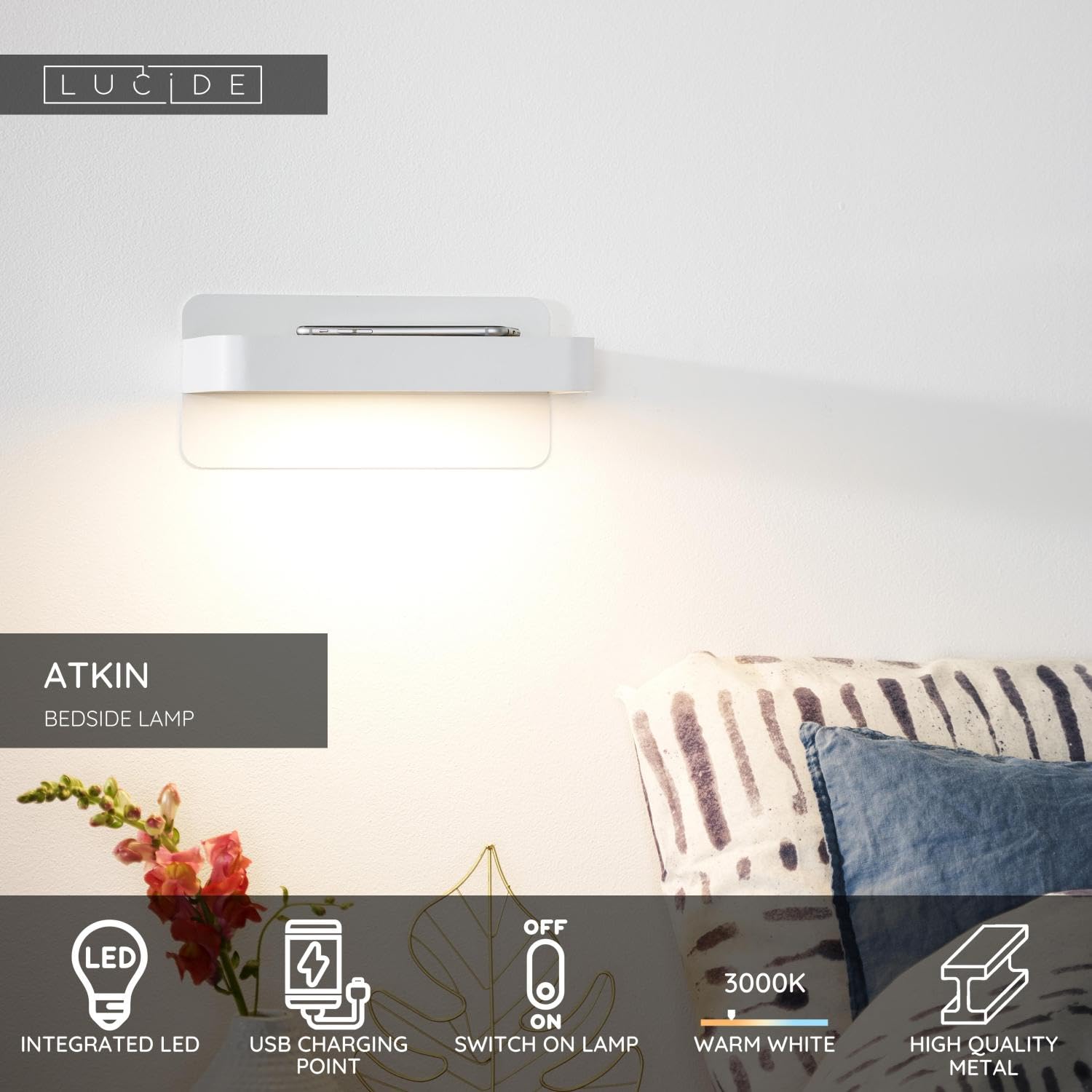 Lucide ATKIN - Bettlampe - LED - 1x5W 2700K - Mit USB-Ladepunkt - Weiß
