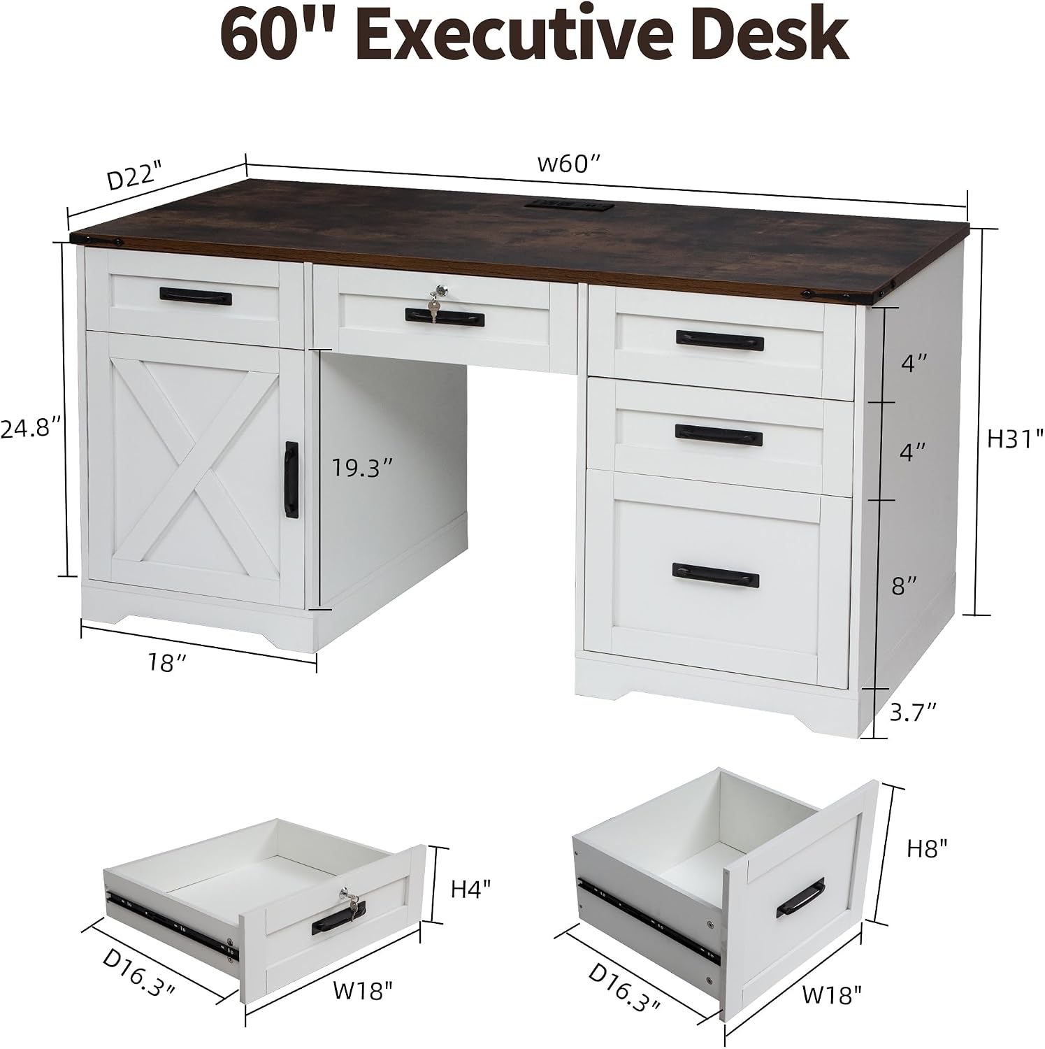 Executive Farmhouse Desk, 60" Home Office Desk with 5 Drawers and Charging Station, Adjustable Shelf, Wooden Computer desks for Home Office Work Study Writing, Brown Top and Lock, White