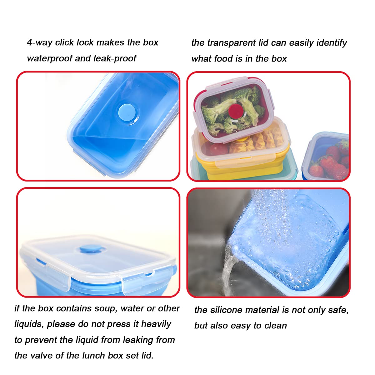 Kingmate Set 3 Pezzi di Contenitori Ermetici per Alimenti Pieghevoli in Silicone con Coperchio, senza BPA, Disponibili per Lavastoviglie, Frigorifero, Forno, Multicolore B