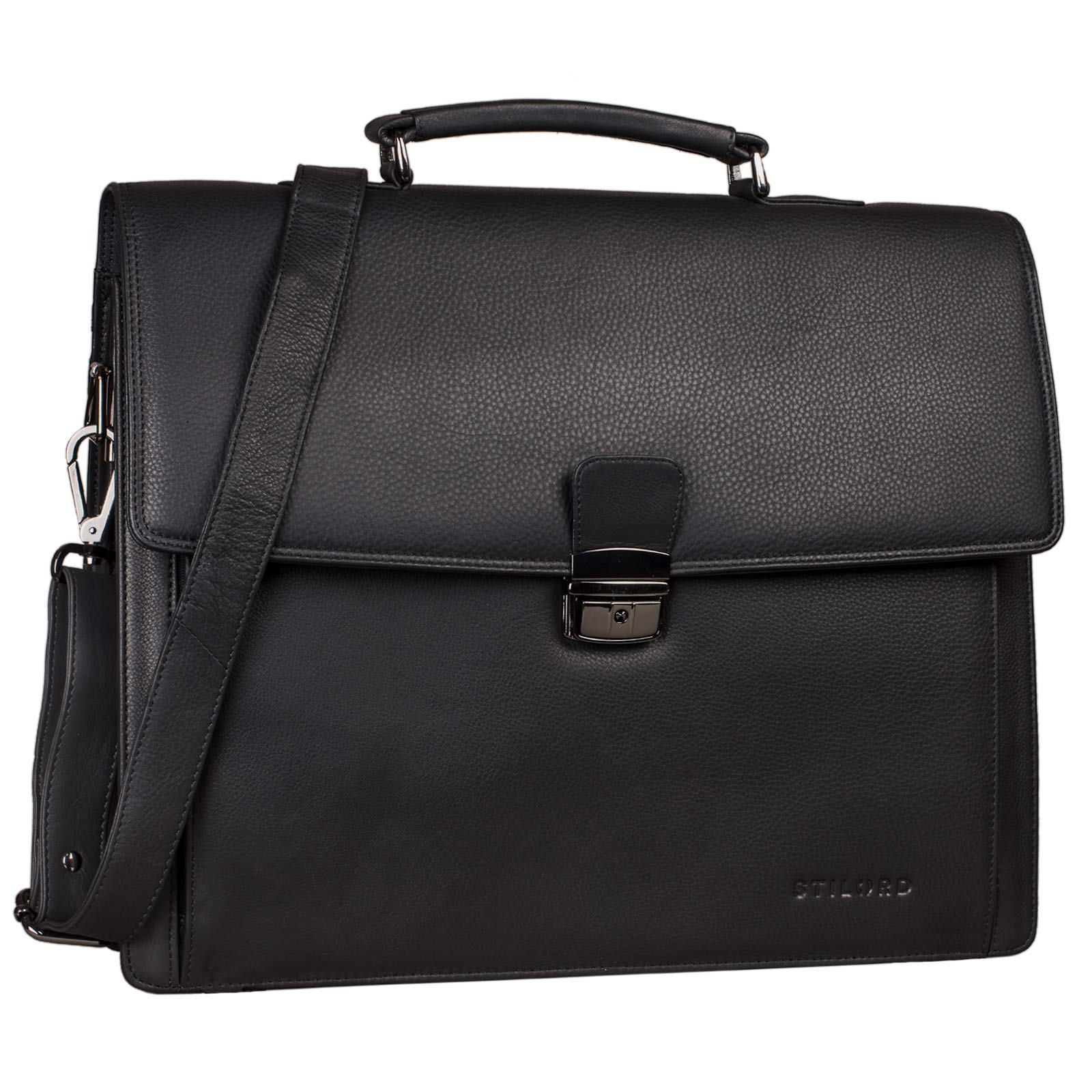 STILORD "Noel Aktentasche Leder Herren Vintage Schwarz Groß klassische Arbeitstasche Bürotasche Umhängetasche Dokumententasche mit Laptopfach 13,3 Zoll und Trolleyschlaufe