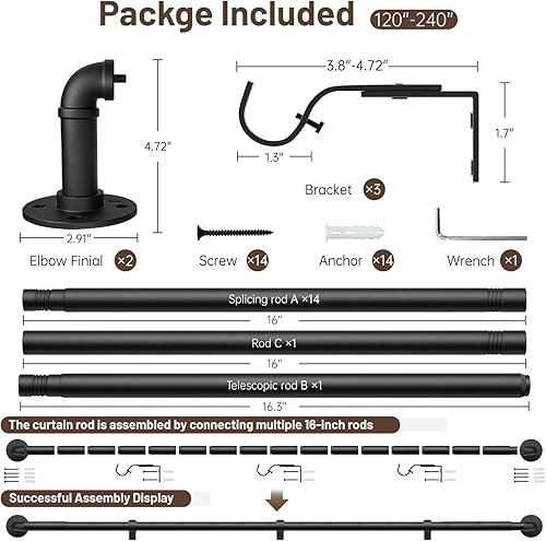Miniatura 6 de Zeerobee Barras de cortina para ventanas de 120 a 240, barra de cortina negra envolvente industrial de 1 pulgada, barra de cortina ajustable