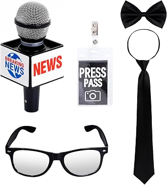 5Pcs News Reporter Costume Accessories, Fake News Microphone Prop Press Pass Glasses Tie Bowtie Set for Halloween Dress Up Career Day Party