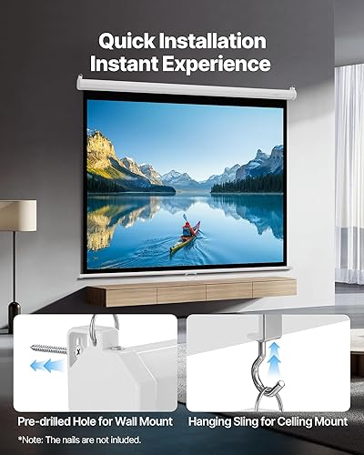 Miniatura 5 de VEVOR Pantalla de proyector manual, 72 pulgadas, 43, 4K, 1080 HD, retráctil, pantalla de proyección de película montada en la pared con cuerda de