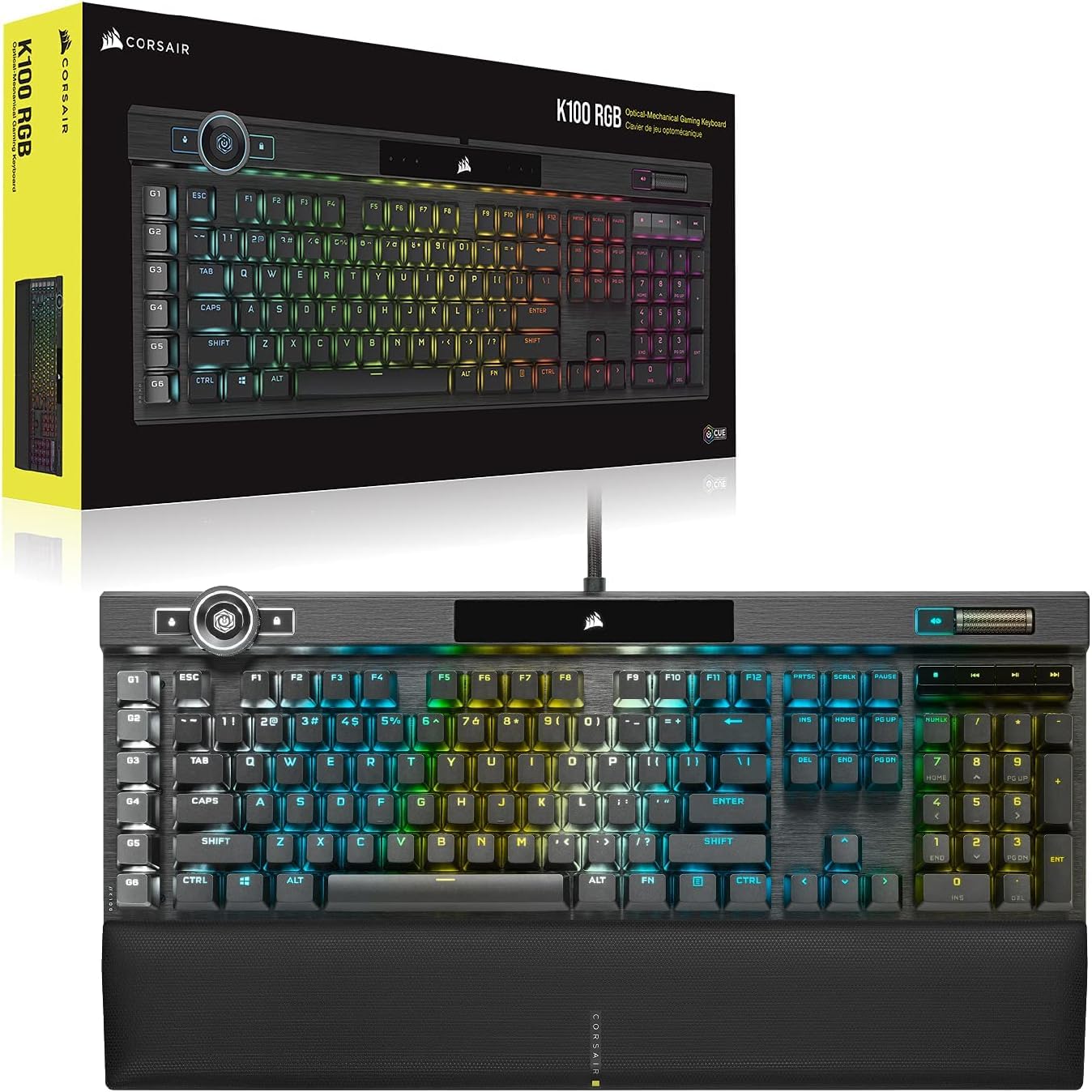 Corsair Klawiatura gamingowa K100 RGB (przełączniki optyczno-mechaniczne OPX: ultraszybkie i liniowe klawisze, podwójny wtrysk PBT, Elgato Stream Deck) AZERTY, czarna