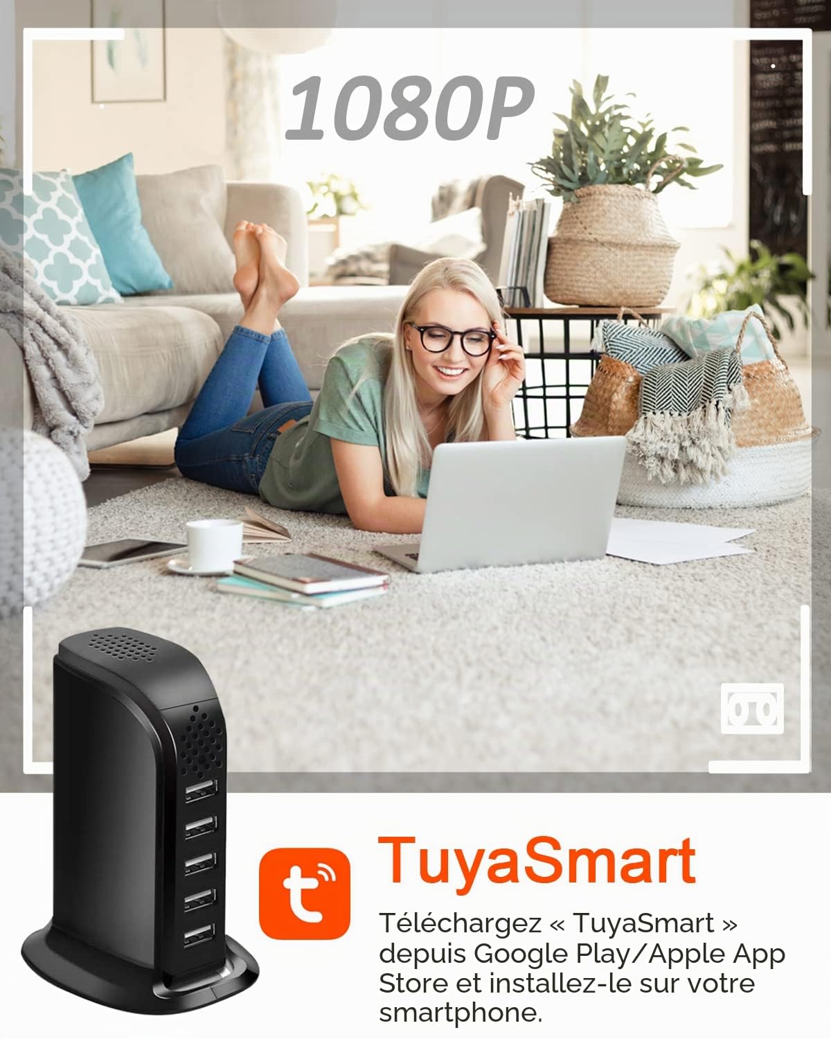 Caméra Espion cachée, HD 1080p WiFi avec Chargeur USB 5 Ports Prise sans Fil Mini caméra Espion pour Surveillance à Domicile avec détection de Mouvement Vue à Distance