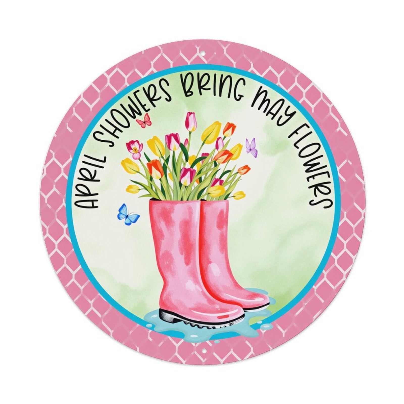 April Showers Bring May Flowers Round Tin Sign Vintage Metal Poster Retro Bar, Home, Man Cave, Kitchen, Laundry Room Wall Art Decor Gift 8x8Inch