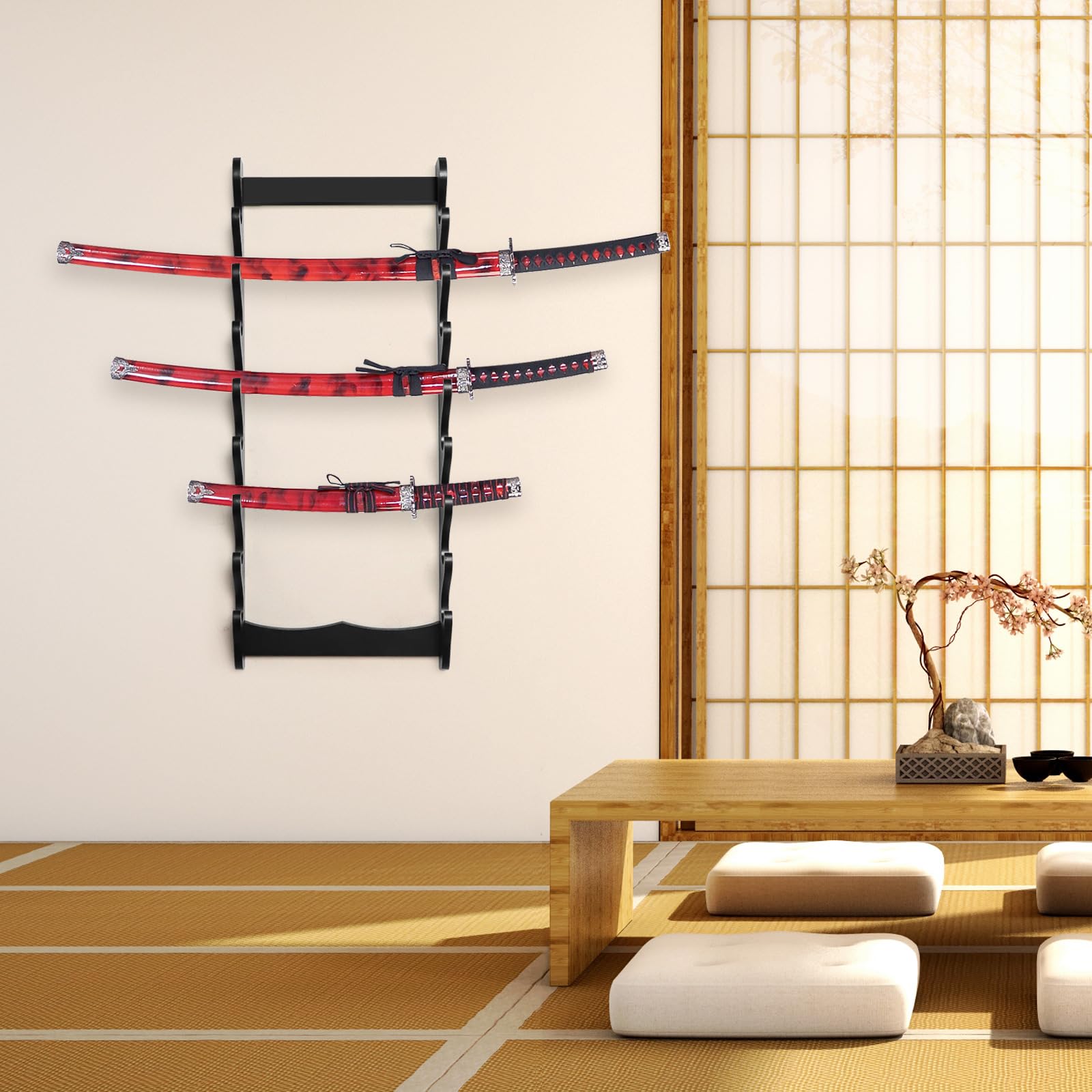 SWAWIS 8 Tier Supporto Spada, Legnoso Samurai Katana Display Stand, Katana Espositore da Montato a Parete per Canne Pesca Flauti Spada, Larghezza 32cm