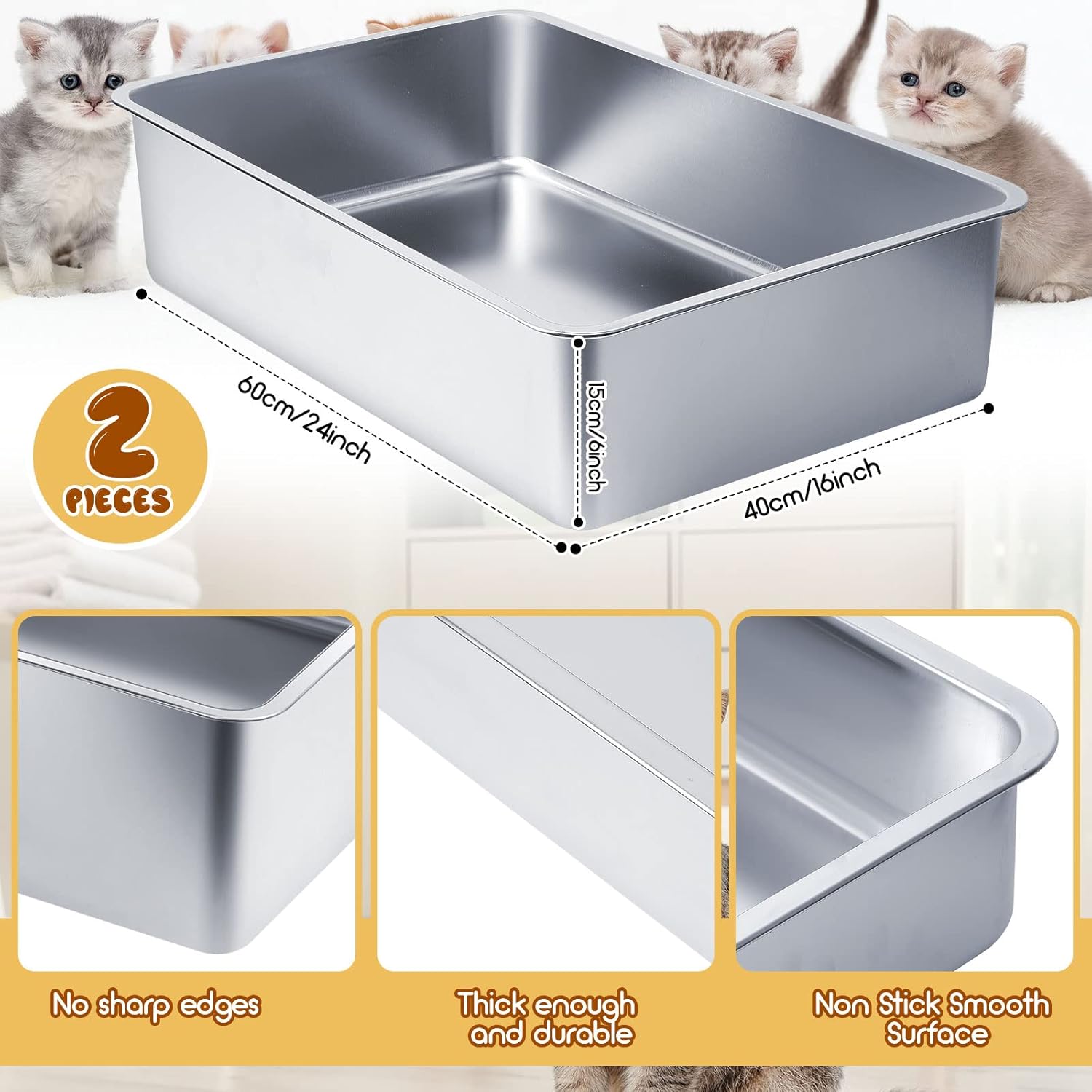 2 Set Stainless Steel Litter Box for Cat with 2 Pcs Cat Litter Scoops 15 Pcs Non Slip Rubber Feet Non Stick Smooth Bunny Litter Box High Sided Litter Box Litter Scooper with Holder (24 x 16 x 6 in)
