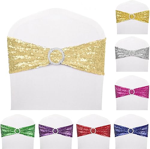 Miniatura 2 de 25 bandas elásticas de elastano con lentejuelas para silla, para bodas, recepciones, eventos, banquetes, sillas y decoración (dorado)