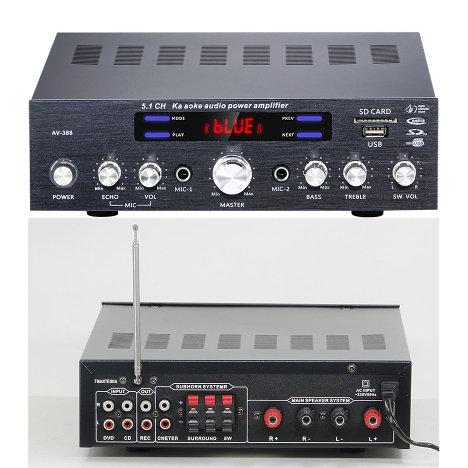 Amplificatore Bluetooth 5.1, Amplificatore Audio Stereo HiFi per Altoparlanti, con Display LCD E Telecomando, Ingresso USB/SD/RCA/Mic