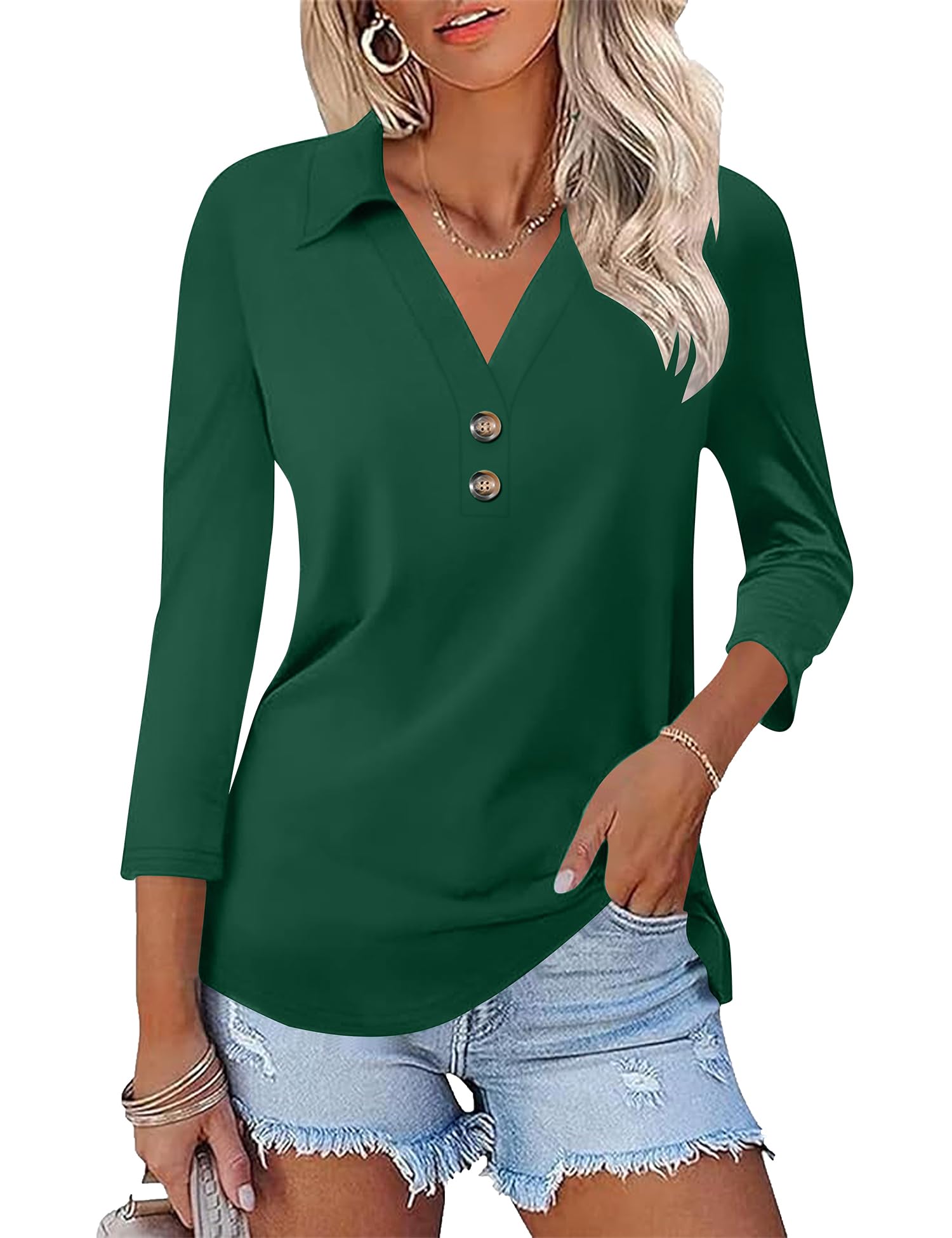 Bashafo Womens 3/4 Sleeve V Neck T Shirt Floral Collared Button Down Shirts for Women S-XXL