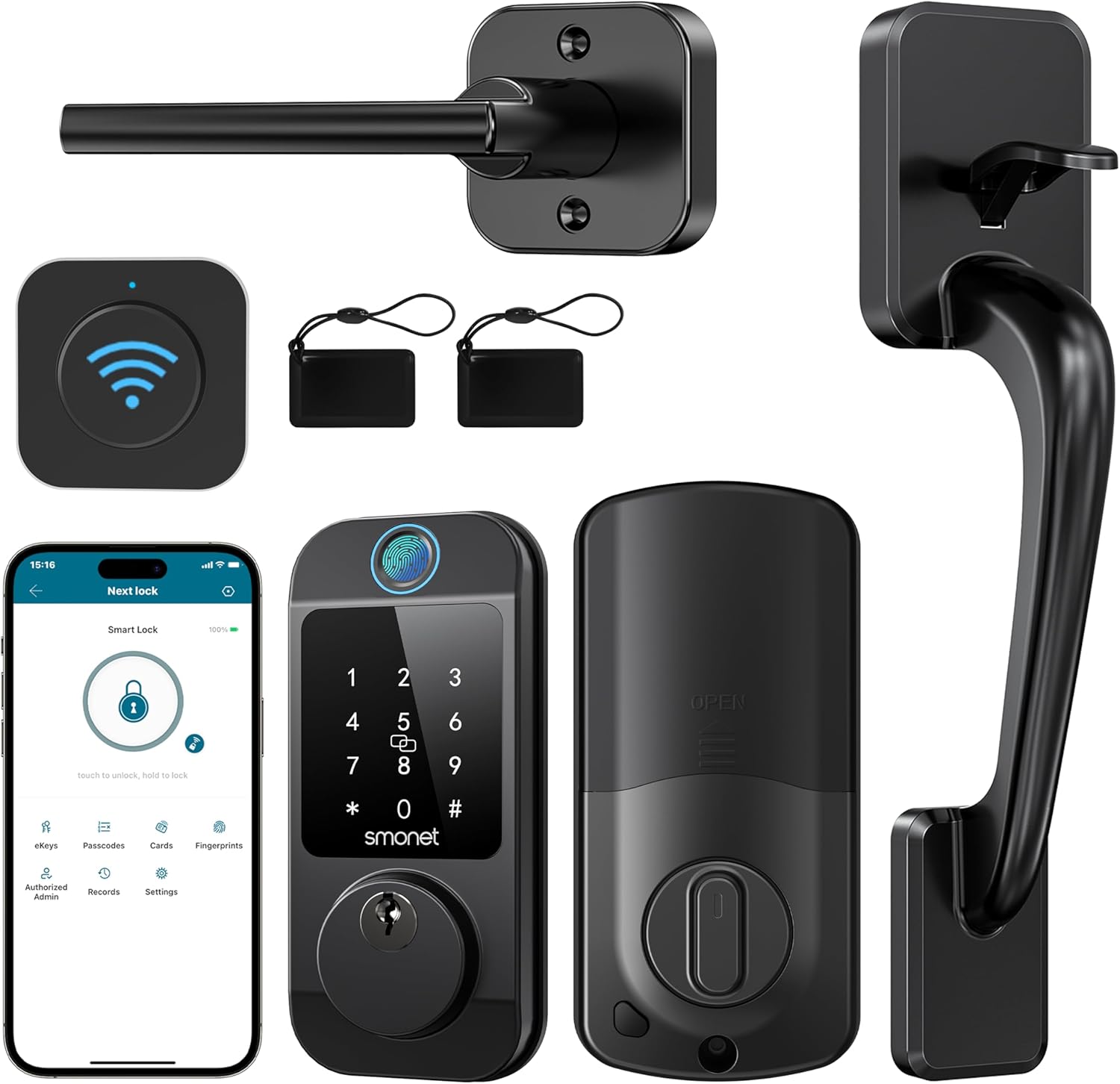 SMONET Smart Front Door Lock Set – Fingerprint Keyless Entry Door Lock Deadbolt with Handle Set Smart WiFi Deadbolt, Digital Keypad Auto Lockset with Code Fob App Compatible with Alexa Black