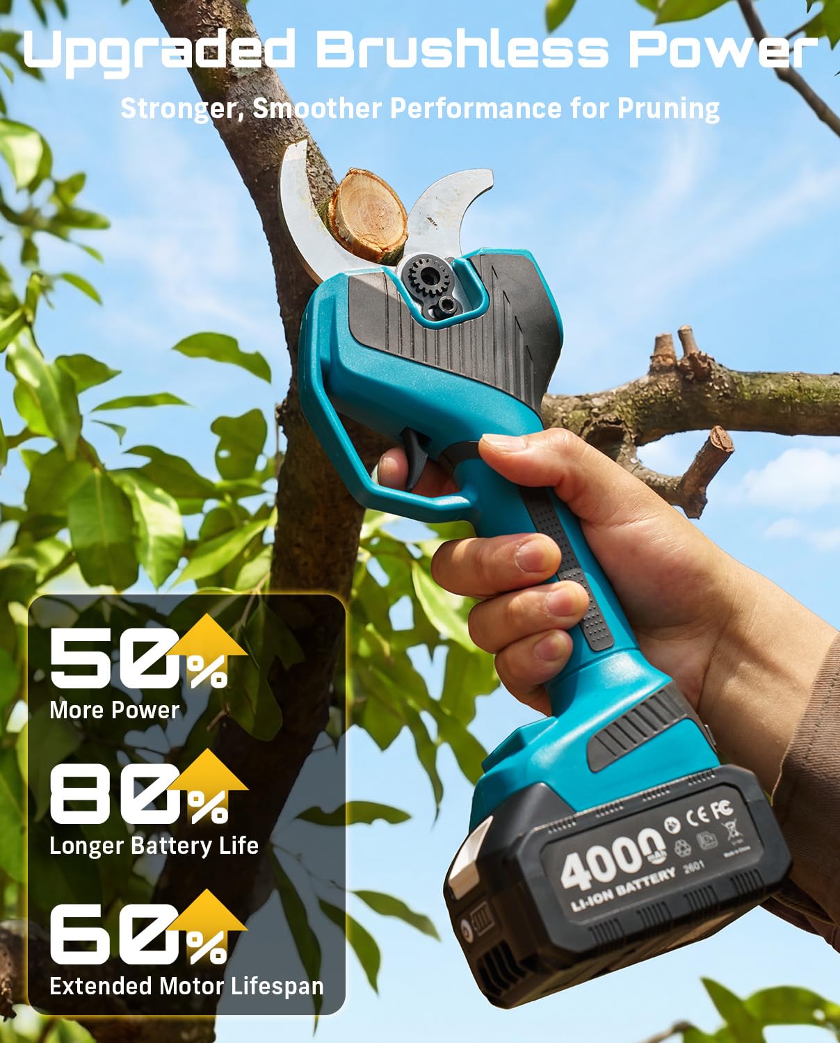 SEESII Tijeras de podar eléctricas con batería de 55 mm con luz LED, 2 baterías de 4000 mAh, hoja SK5, motor sin escobillas, pantalla LCD, para huertos, paisajismo y jardinería profesional