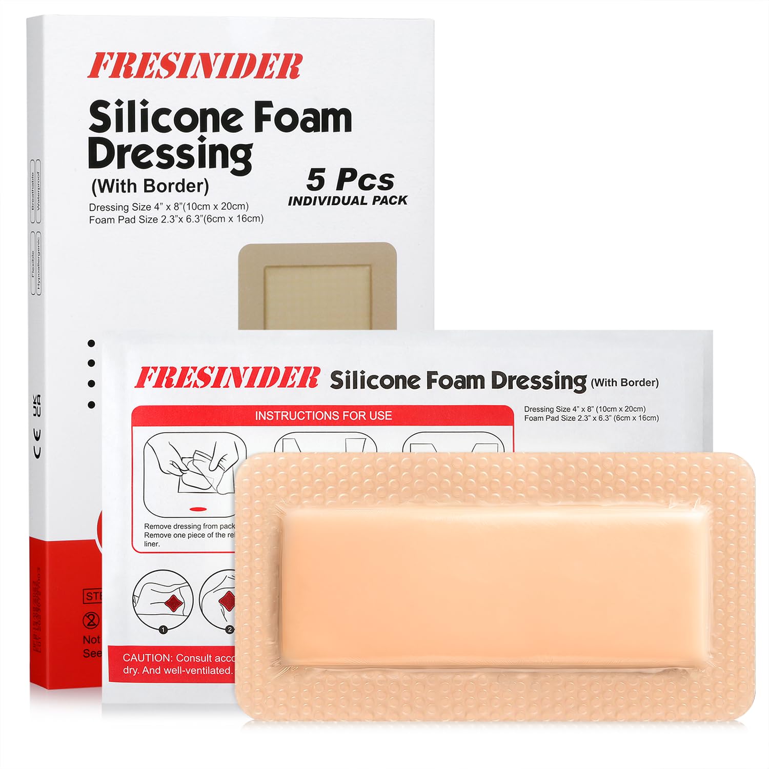 FRESINIDER 4" x 8" Pack of 5 Silicone Foam Wound Dressing - Waterproof Adhesive Bandages with Bordered - Super Absorbent &amp; Breathable for Optimal Wound Care