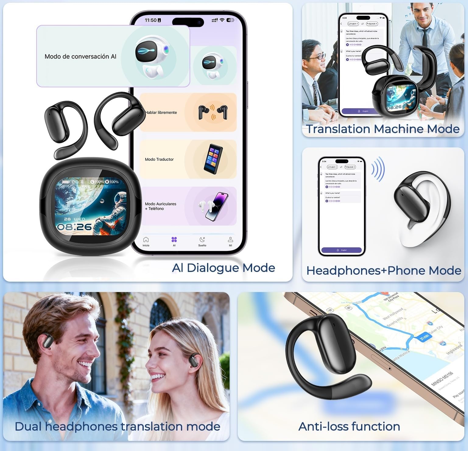 NE58 Open Ear Übersetzer Kopfhörer Echtzeit, 134 Sprachen Sprachübersetzer Kabellos mit Ohrhaken, Bluetooth 6.0 Open-Ear Kopfhörer, LED Touchscreen Case, Noise Cancelling ，Schwarz