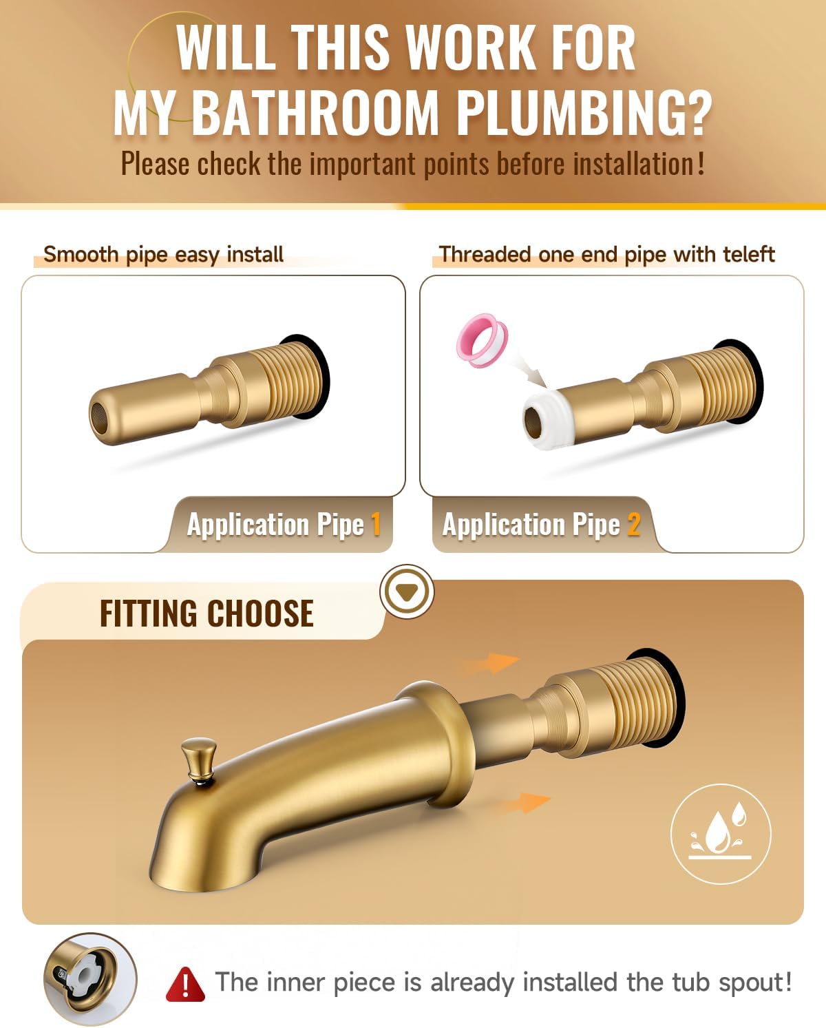 Slip On Bathtub Spout with Diverter, Extra Long 6 Inch Bathtub Spigot, Shower Spout with PTFE Tape & Hex Wrench, Fits for 1/2" IPS Threads,Brushed Gold