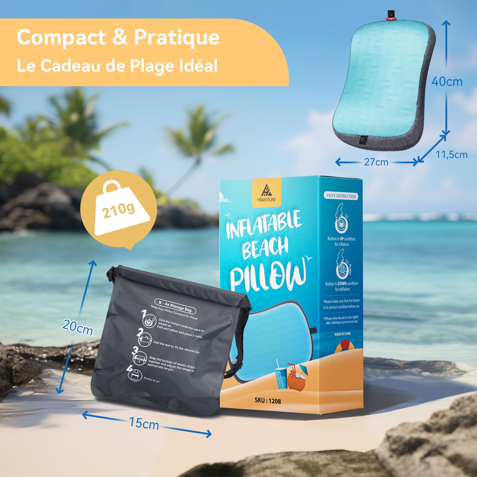 HIKENTURE Coussin de Plage Gonflable avec Taie Rafraîchissante - Compact | Ergonomique avec Tissu Frais Amovible, Fixation Élastique et Sac de Sable - Oreiller de Plage pour Camping, Piscine et Voyage