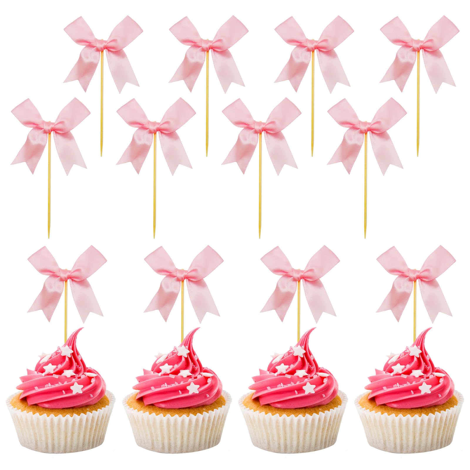 12 Decorazioni Per Cupcake A Forma Di Fiocco Rosa – Con Stecchino, Per Feste Di Compleanno, Baby Shower, Addii Al Celibato - 2