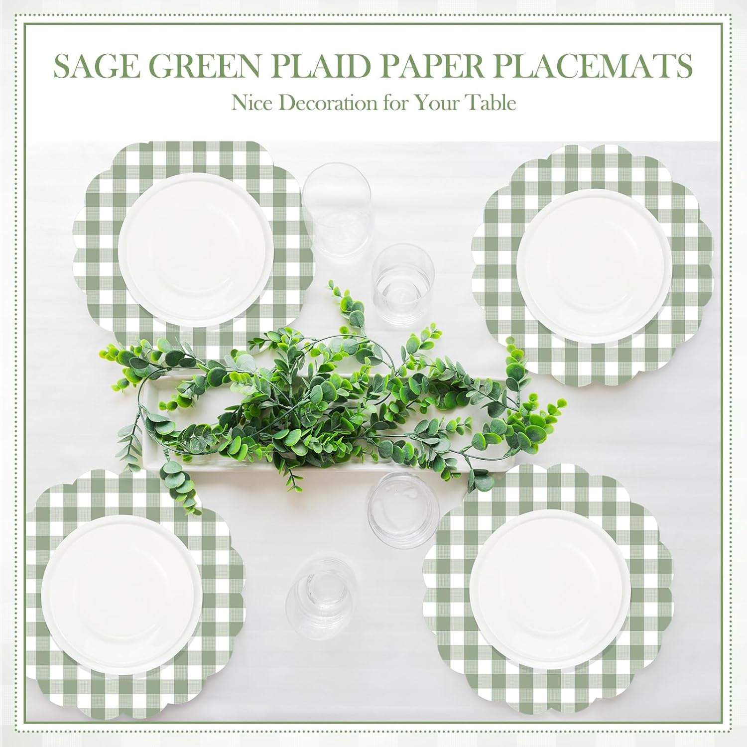 Tinlade 80 Pcs Sage Green Gingham Paper Placemats Disposable Scalloped Place Mats 13 Inch Buffalo Plaid Table Mats for Picnic Birthday Baby Shower Wedding Party