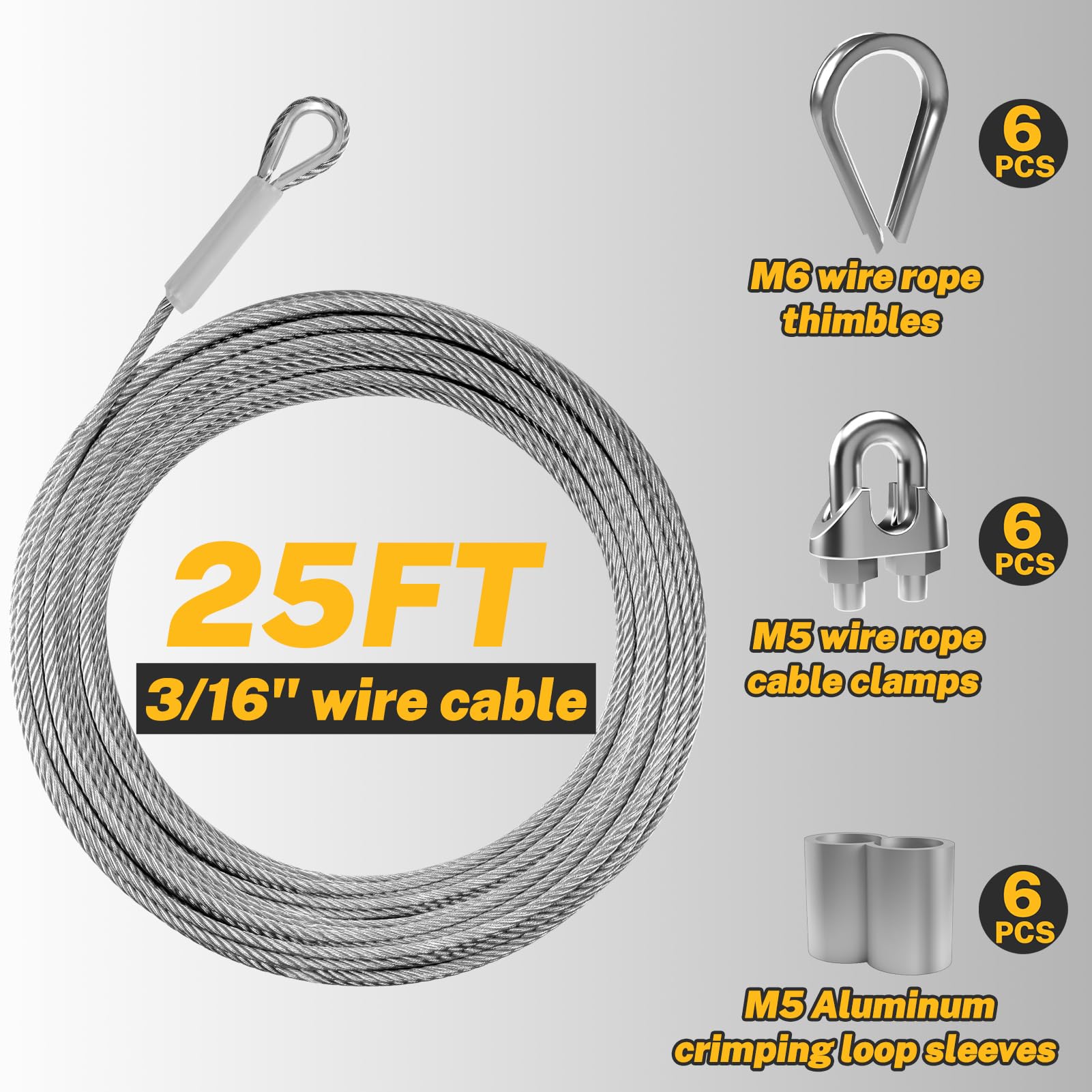 304 Stainless Steel Wire 50FT 1/4" Rope Kit - With Sleeves, Clips