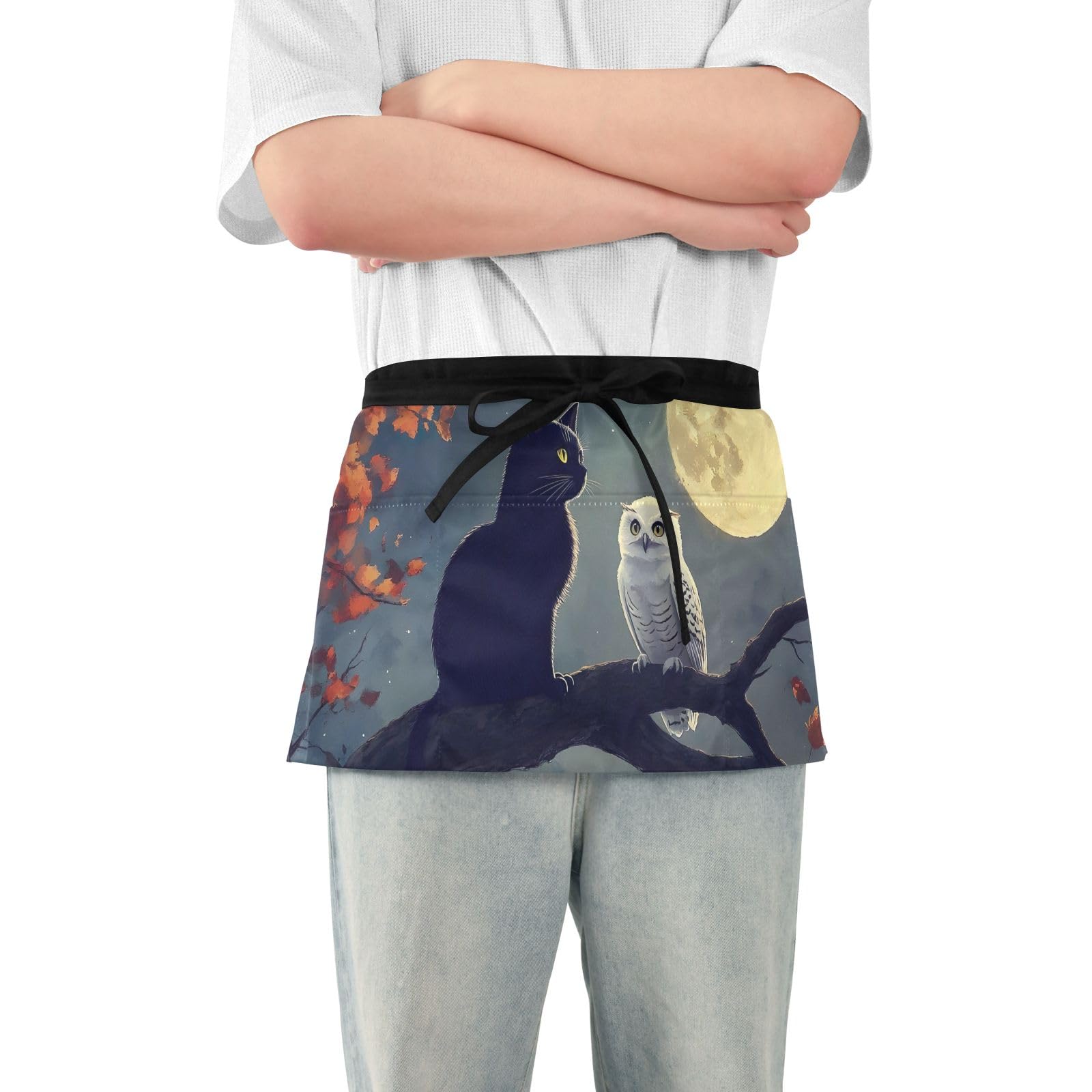 ODAWA Black Cat White Owl Short Apron Waist Apron with Pockets for Women Cooking Half Aprons for Women
