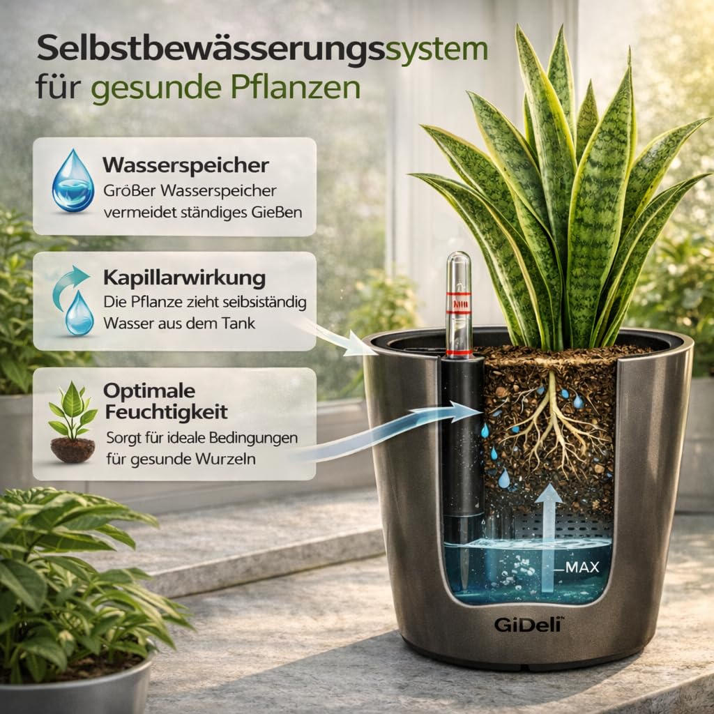 GiDeli Jardinière auto-arrosante - Pot d'arrosage automatique avec indicateur de niveau d'eau - Pots de fleurs protégeant contre le débordement et la pourriture - Pot de plantation économe en temps