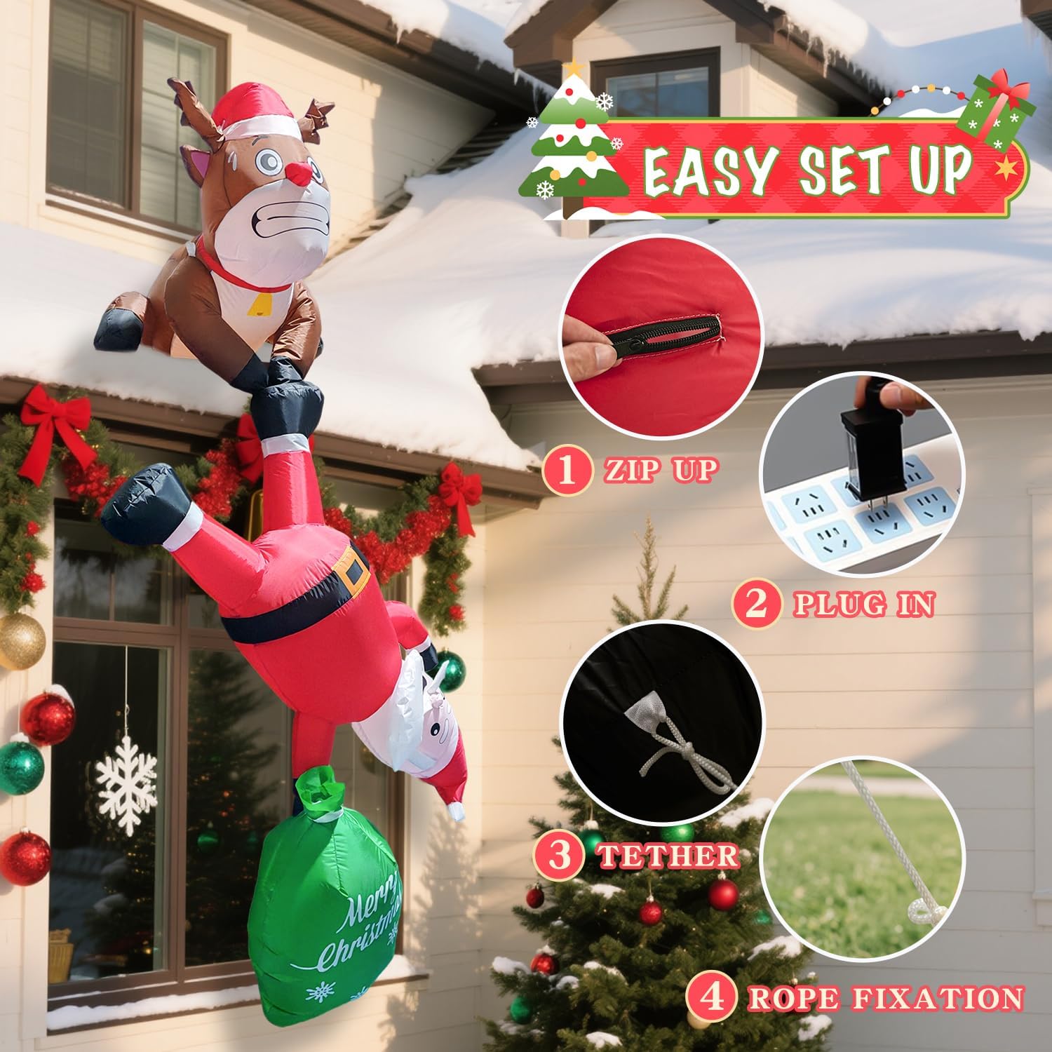 8FT Hanging Christmas Inflatable Outdoor Decoration,Christmas Inflatables Reindeer Pulling Climbing Santa and Falling Gift Box Bags with Build-in LED Lights for Holiday Party Roof Balcony Window