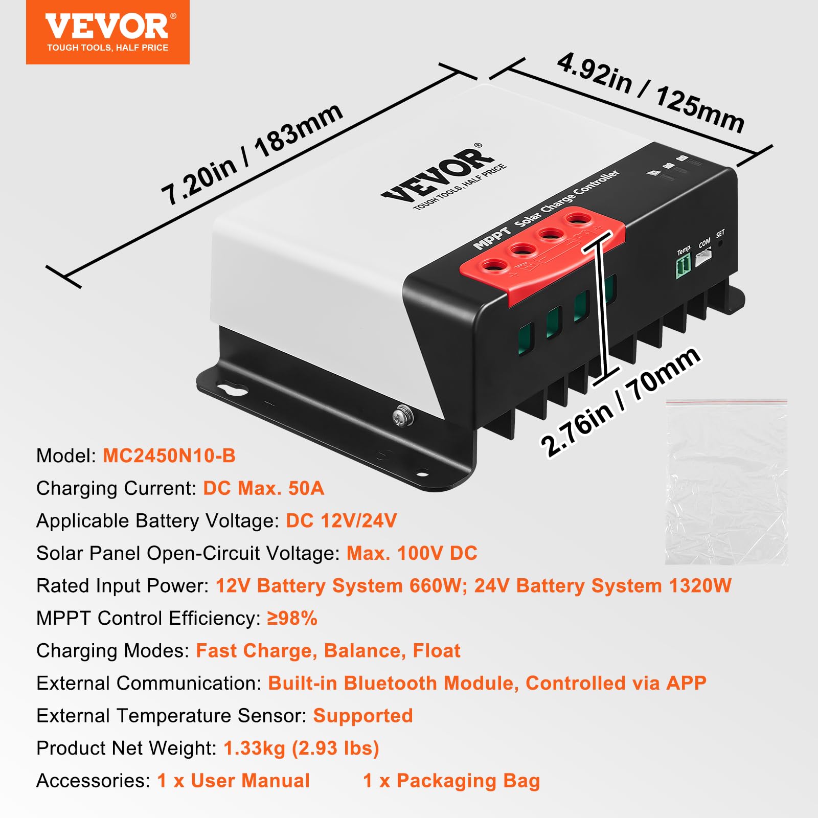 VEVOR Regulator ładowania solarnego 50 A, 12 V, 660 W/24 V, 1320 W, MPPT, moduł solarny, regulator ładowania z interfejsem komunikacyjnym TTL, kompatybilny z akumulatorami Deep Cycle, takimi jak AGM,