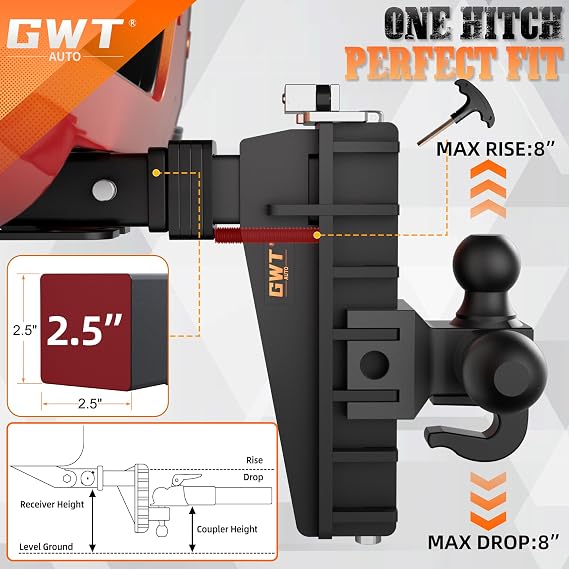 Adjustable Trailer Hitch with Hook, Tri-Ball (1-7/8 x 2 x 2-5/16) Drop Hitch, Fits 2.5-Inch Receiver, 8 Inch Drop Hitch, 18500 LBS GTW-Class 3 Tow Hitch for Heavy Duty Truck, Black, Solid
