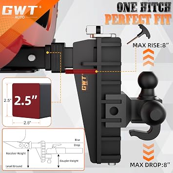Adjustable Trailer Hitch with Hook, Tri-Ball (1-7/8 x 2 x 2-5/16) Drop Hitch, Fits 2.5-Inch Receiver, 8 Inch Drop Hitch, 18500 LBS GTW-Class 3 Tow Hitch for Heavy Duty Truck, Black, Solid