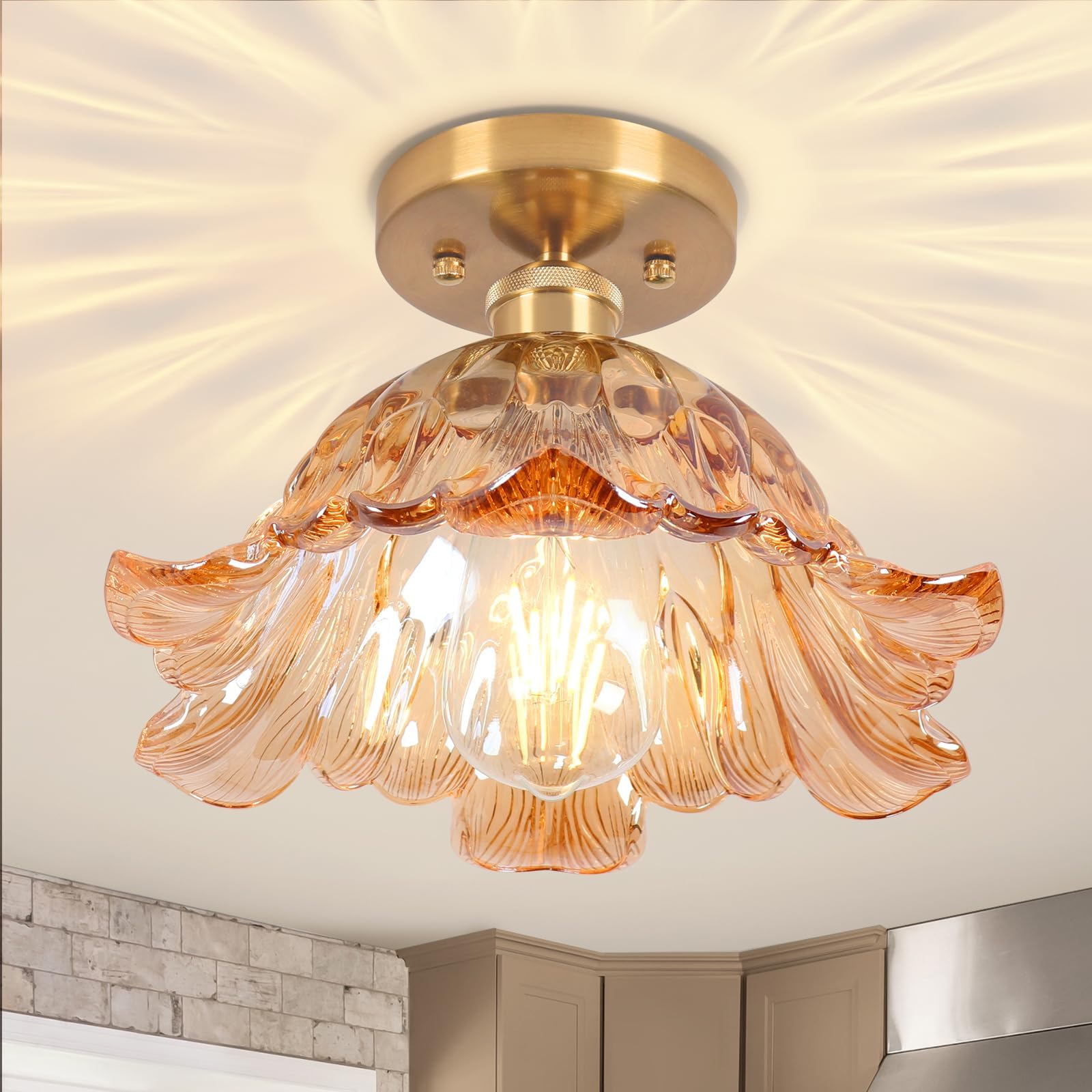 Vloitgol Vintage Ceiling Light Fixture, E27 25cm Amber Semi Flush Mount Ceiling Light Glass Ceiling Lamp Vintage Light Fixtures for Closet Hallway Kitchen Dining Room Living Room - Bulb not Included