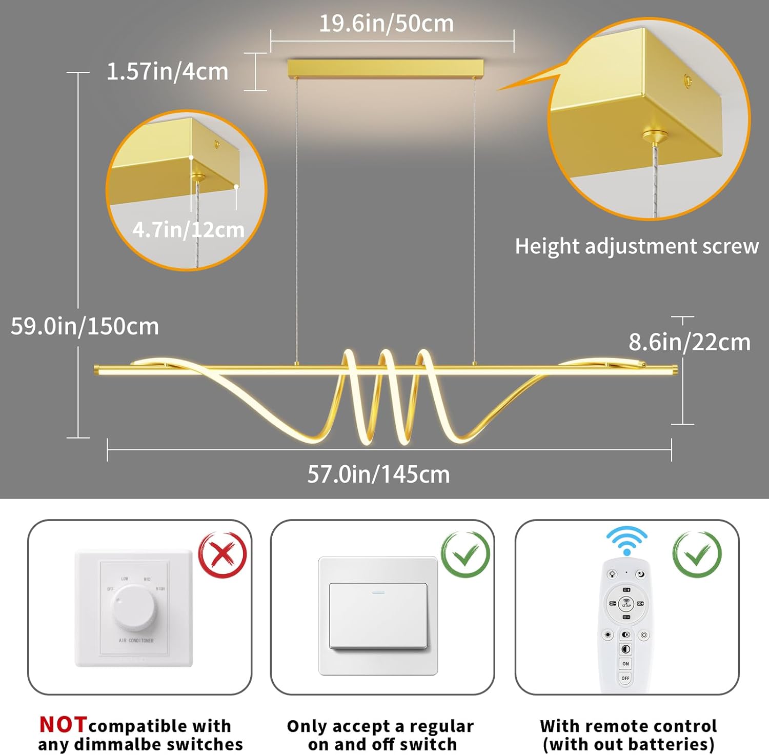 Modern LED Pendant Lights Kitchen Island, 57in Gold Chandelier Dimmable with Remote Control 3000k-6000K Adjustable, Aluminum Island Lighting Lamp Fixture for Kitchen, Dining Room