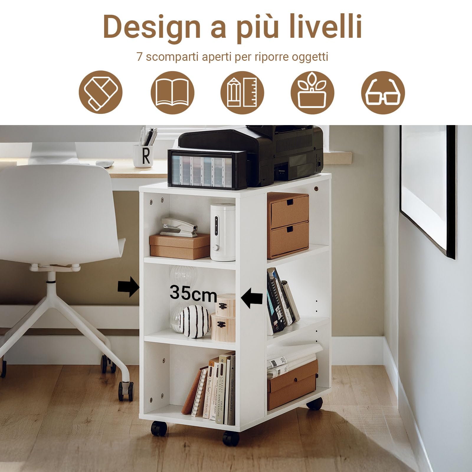 SoBuy Cassettiera Ufficio da Scrivania Porta Stampante su Ruote Schedario da Ufficio con Ripiani Regolabili Mobiletto Portaoggetti Mobiletto Salvaspazio Bianco 60x35x75cm FBT68-W