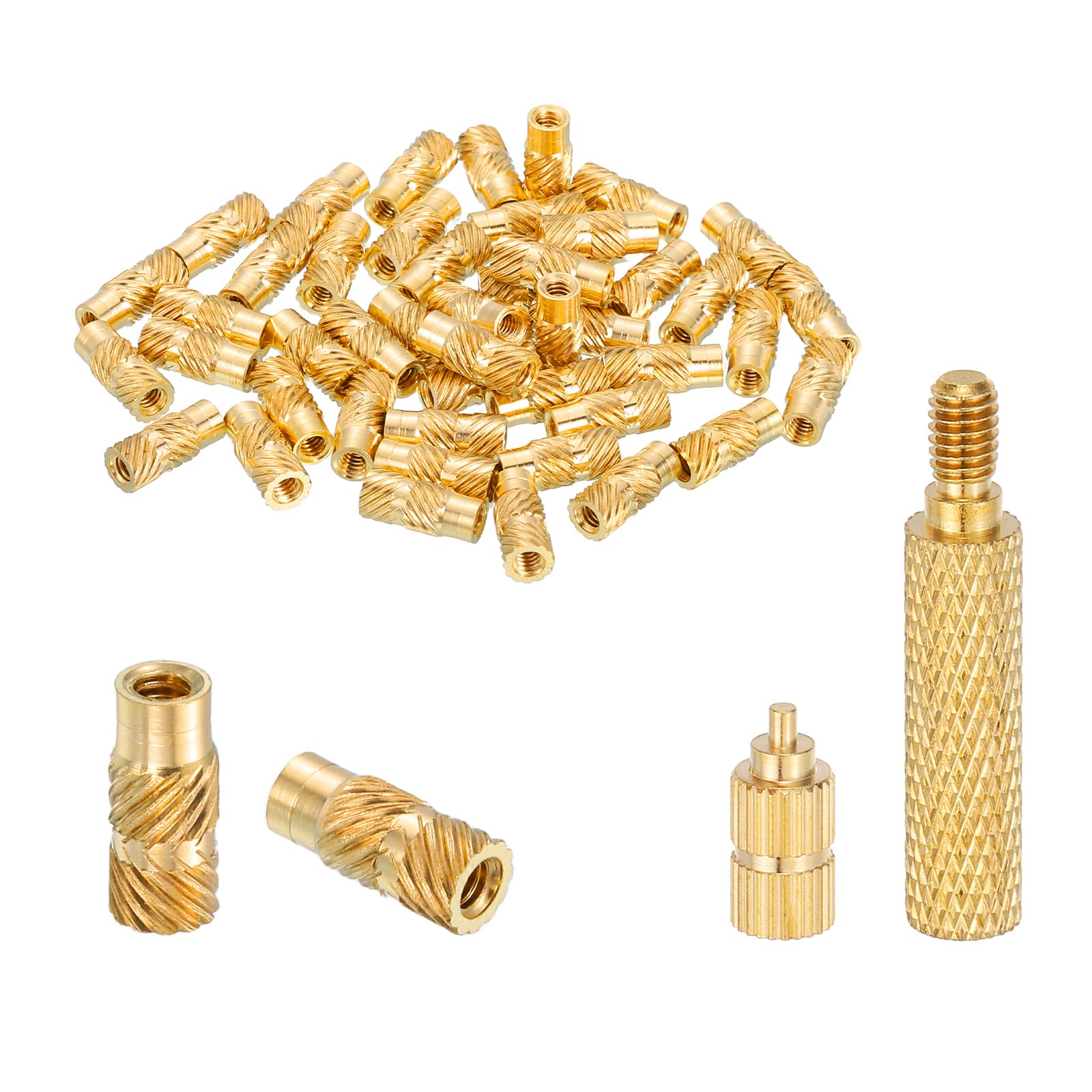 sourcing map 50 Pcs Threaded Inserts with Soldering Iron Tip Press Tool, M2.5 x 8mm H x 4mm OD Brass Metric Knurled Nuts Heat Set Inserts Embedment Nut for 3D Printing Plastic Parts