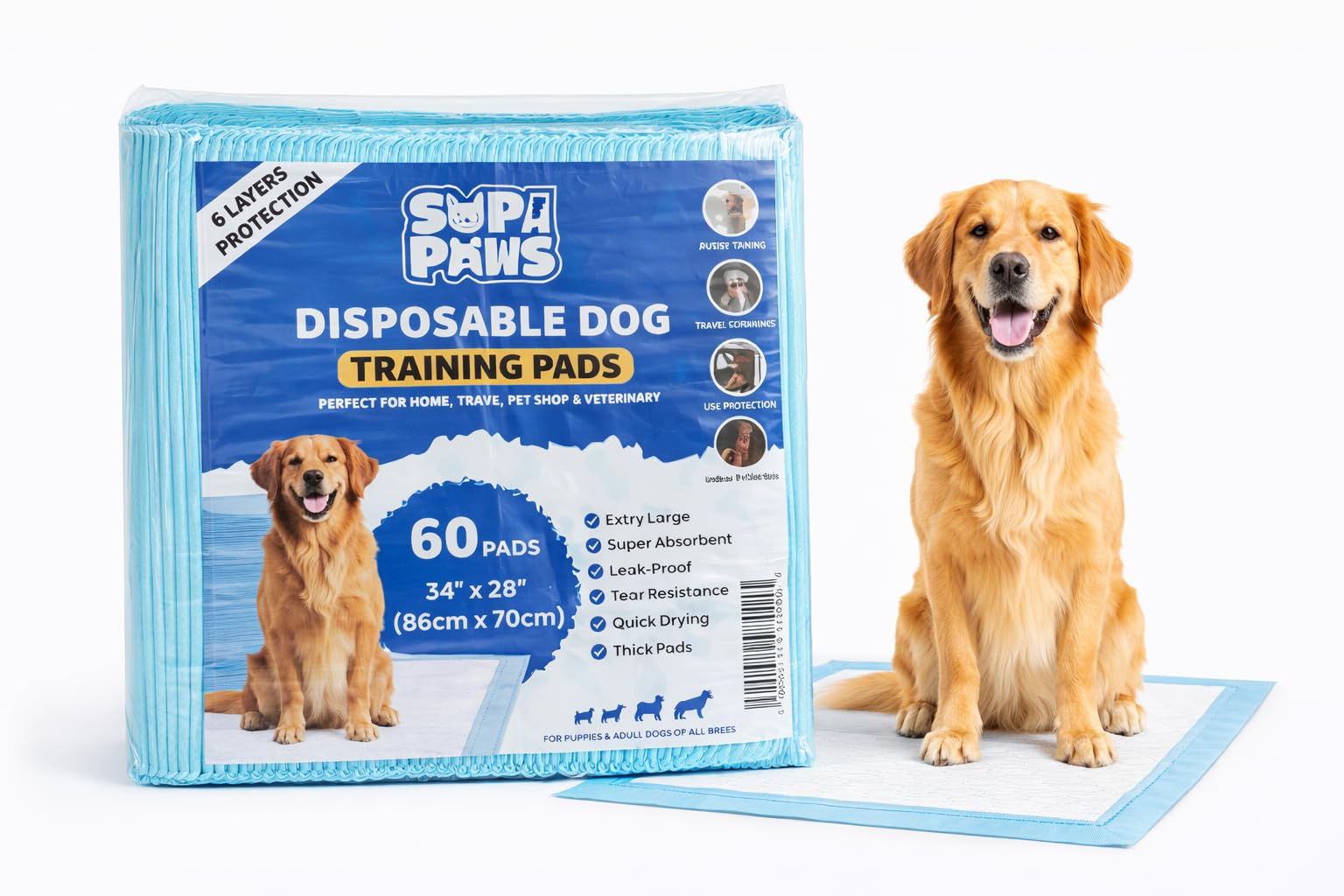Supa Paws Blue Pack Of 60 Large Dog Pee Pads 86 X 70 Cm 6 Layers Puppy Potty Training Pads For Dogs Super Absorbent Leak Proof Quick Dry Disposable Pads For Puppies Waterproof Odour Control Floor Protection Dog Pads