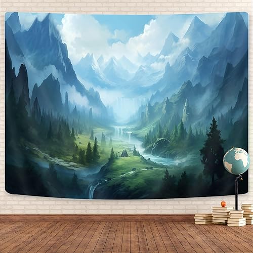 Tapiz de bosque natural, tapiz estético escénico de montaña de bosque verde para dormitorio, paisaje de bosque de hadas, tapiz para colgar en la