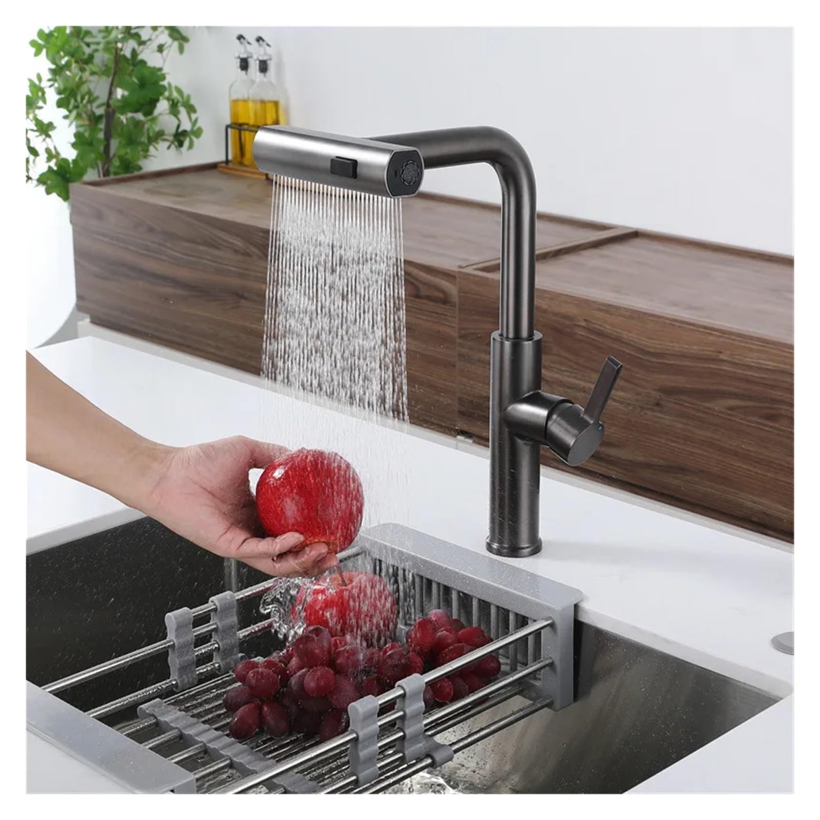 Robinet d'évier de cuisine pivotant gris en acier inoxydable extractible cascade