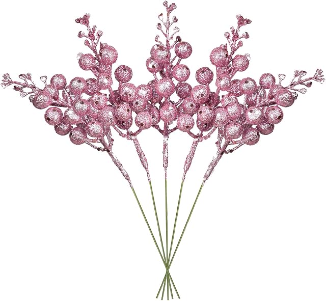 YQing 14 Pack Christmas Glitter Berries Stems, 7.8Inch Artificial Christmas Picks for Christmas Tree Ornaments, DIY Xmas Wreath, Crafts, Holiday and Home Decor (Pink)