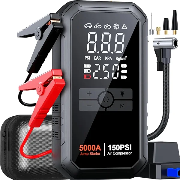 10-in-1 Jump Starter with Air Compressor 5000A 26800mAh 150PSI Portable Car Battery Jump Starter (All Gas/12L Diesel), 12V Jump Box Car Battery Jumper Starter Portable Jumper Cables, Lights
